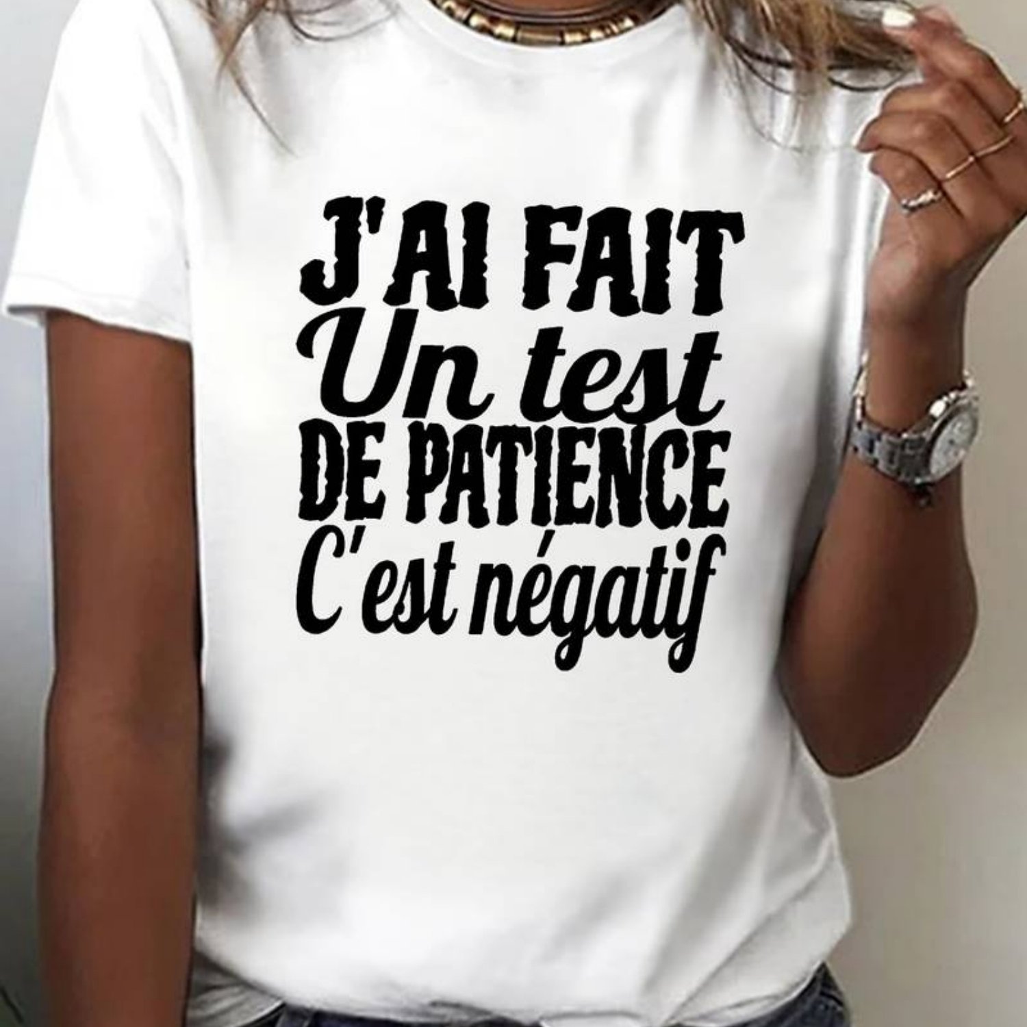 TEMU Women's "j'ai Fait Un Test De C'est Négatif" T-shirt - Casual Short Sleeve Crew Neck With French Humorous Print, Suitable For Spring/summer,
