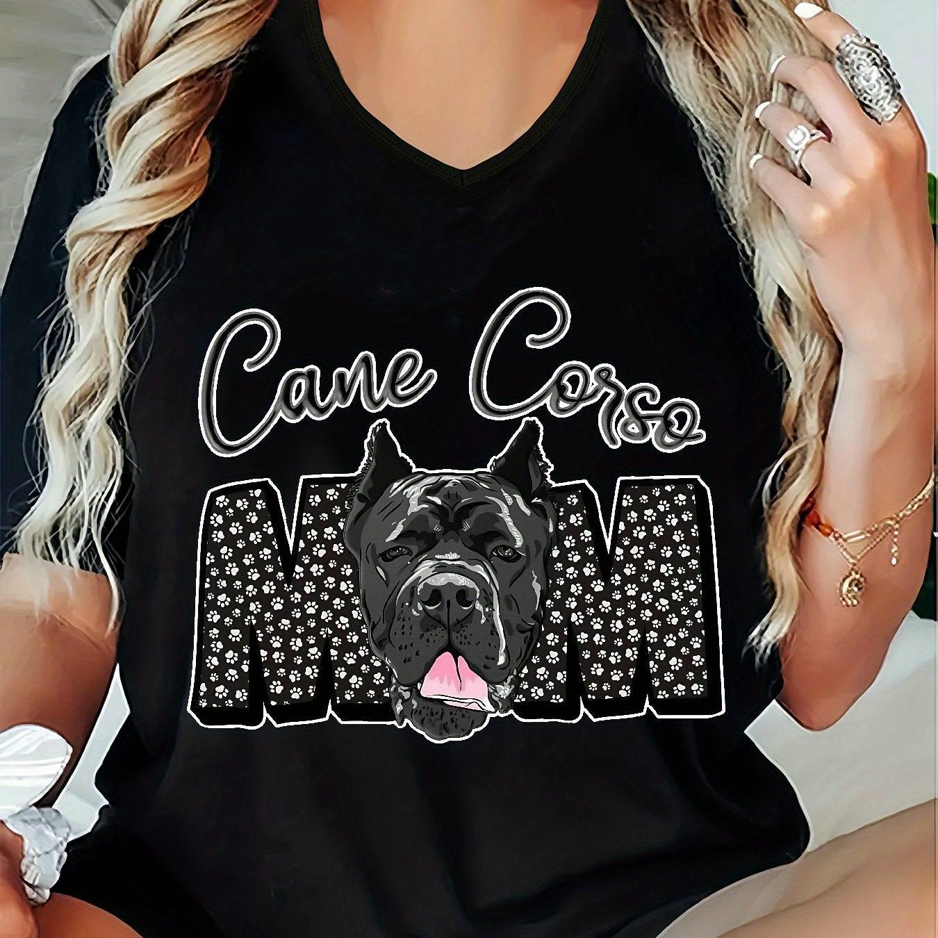 TEMU Women's Casual V-neck T-shirt With " Mom" Print - Short Sleeve, Micro-elastic Fabric, Black, Spring/summer, Everyday Tshirt| Tshirt|soft Texture