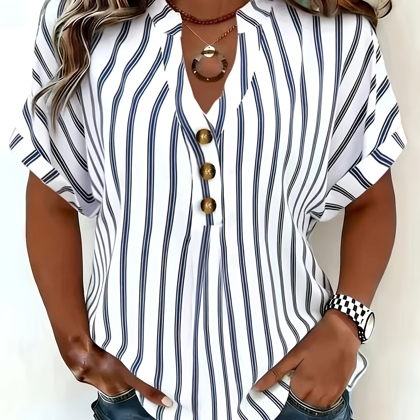 TEMU Summer Women's Fashion Striped Shirt Short Sleeve Button European And Loose Batwing Sleeve Top