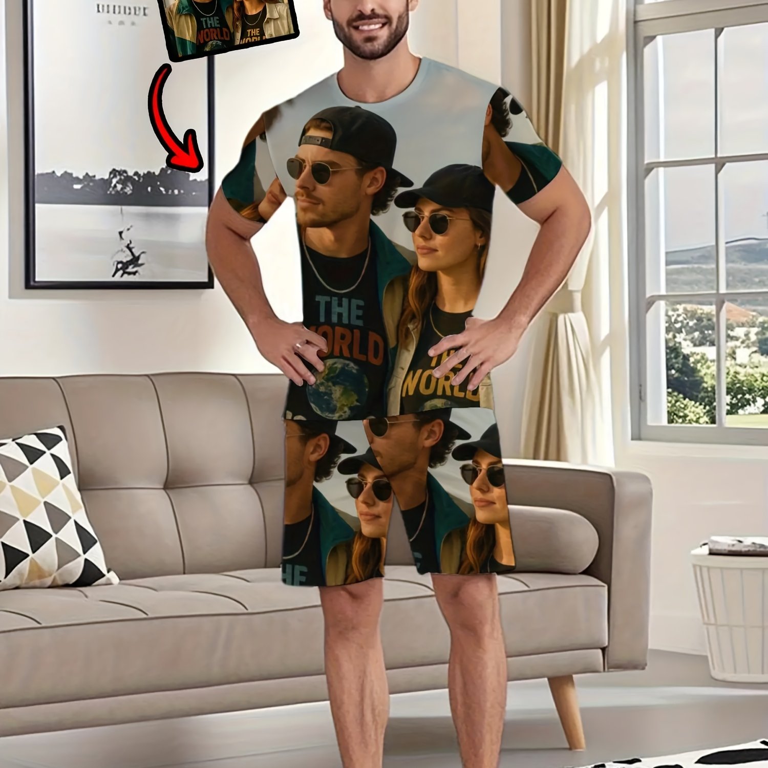 TEMU European And American Men's Fashion Custom Print Short-sleeve T-shirt And Shorts Casual Set