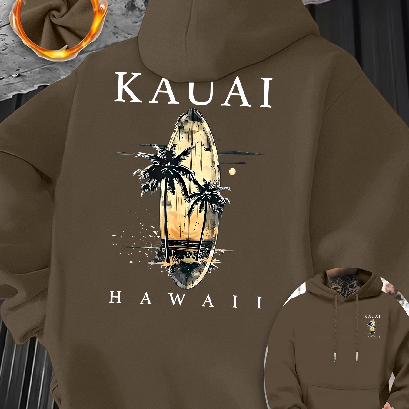 TEMU New Autumn And Winter Men's Thickened And Plush Comfortable Hooded Long-sleeve Sweatshirt, Featuring Hawaiian Kauai Island Style Prints,
