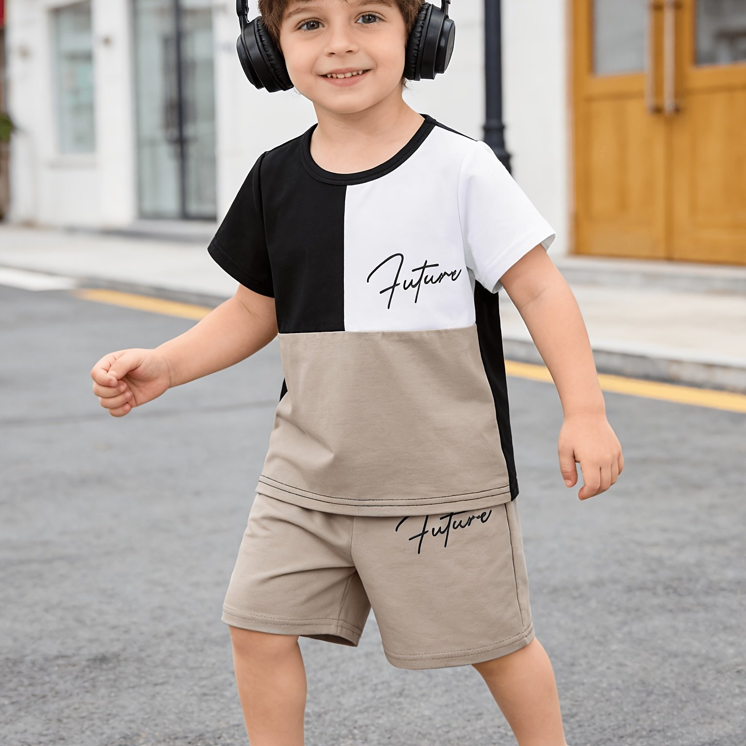 Image of Boys' Short-sleeved Shorts Set, Color-block Letter Print Short-sleeved Shorts Set, For Outdoor