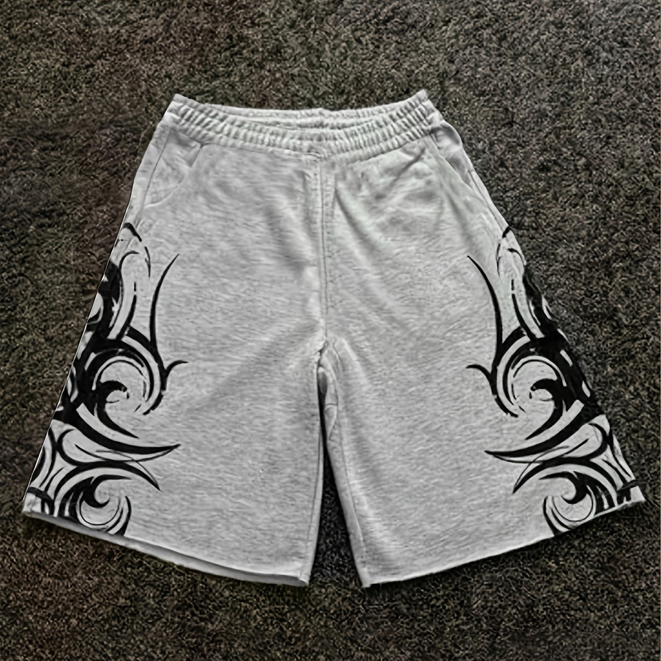 TEMU Y2k Vintage Light Gray Thorn Print Loose-fit Five-quarter Shorts - Retro Streetwear Sweatpants With Drawstring Waist, Machine Washable Suitable