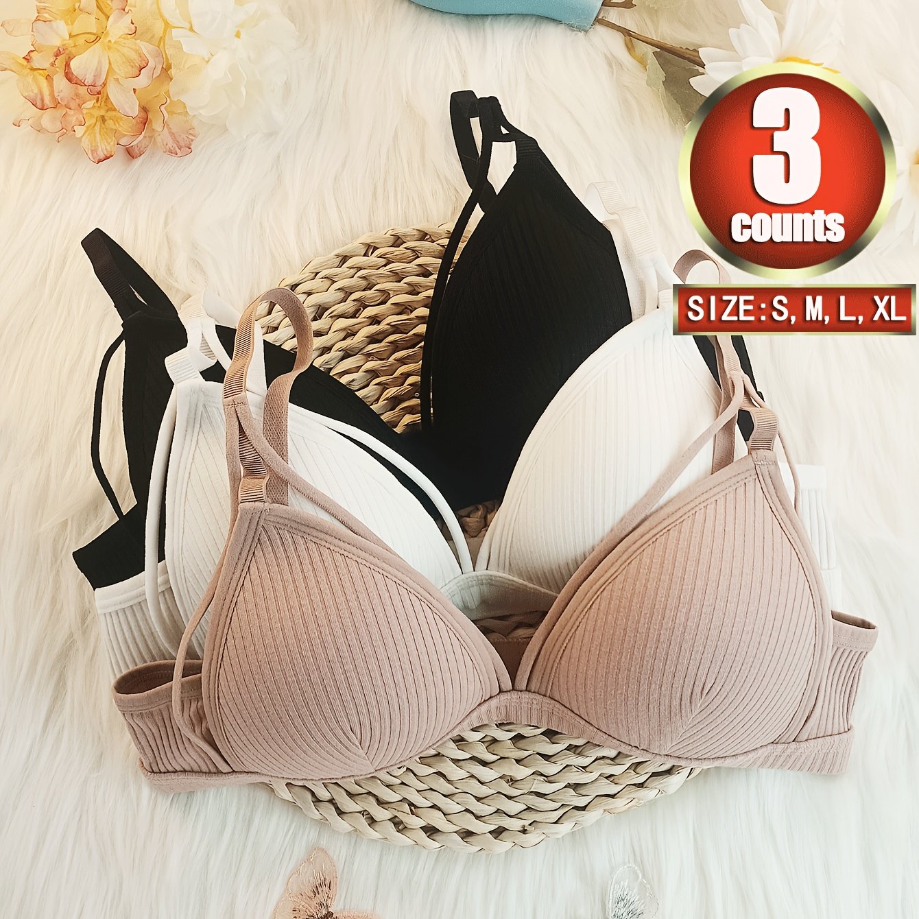 3pcs Pack Threaded Women's Underwear Solid Color Comfortable Breathable Bra Wireless Bra Casual Bra Women' Underwear New Autumn Winter Style