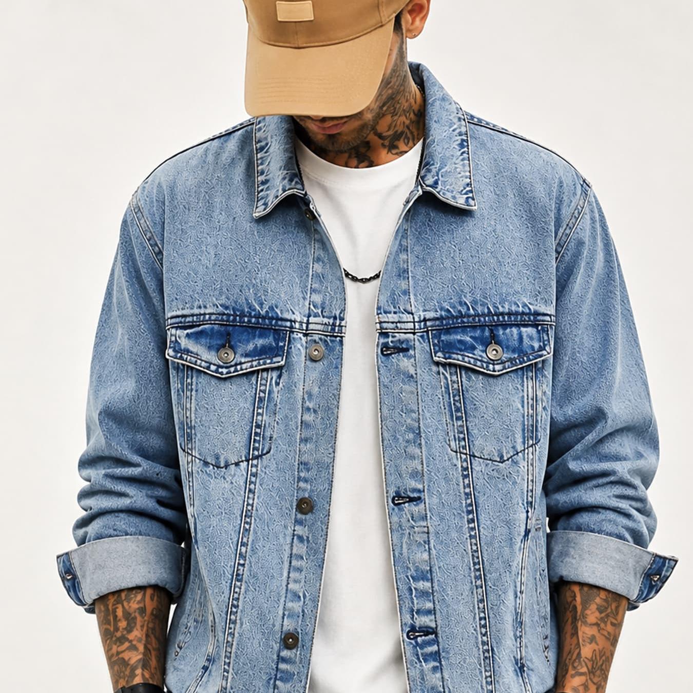 Image of Unisex Denim Jacket Classic Trucker Vintage Washed Loose Fit Casual Button-up Lapel Jean Coat Streetwear