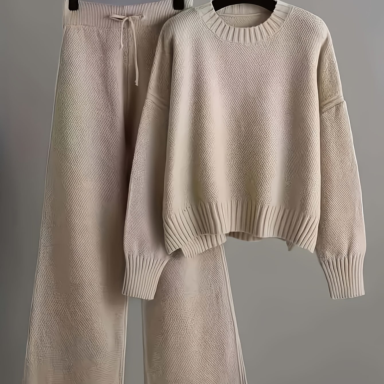 TEMU Ensemble 2 pièces décontracté pour femme pour et l'hiver, pull ample à col ras du cou et épaules tombantes avec pantalon large à cordon de