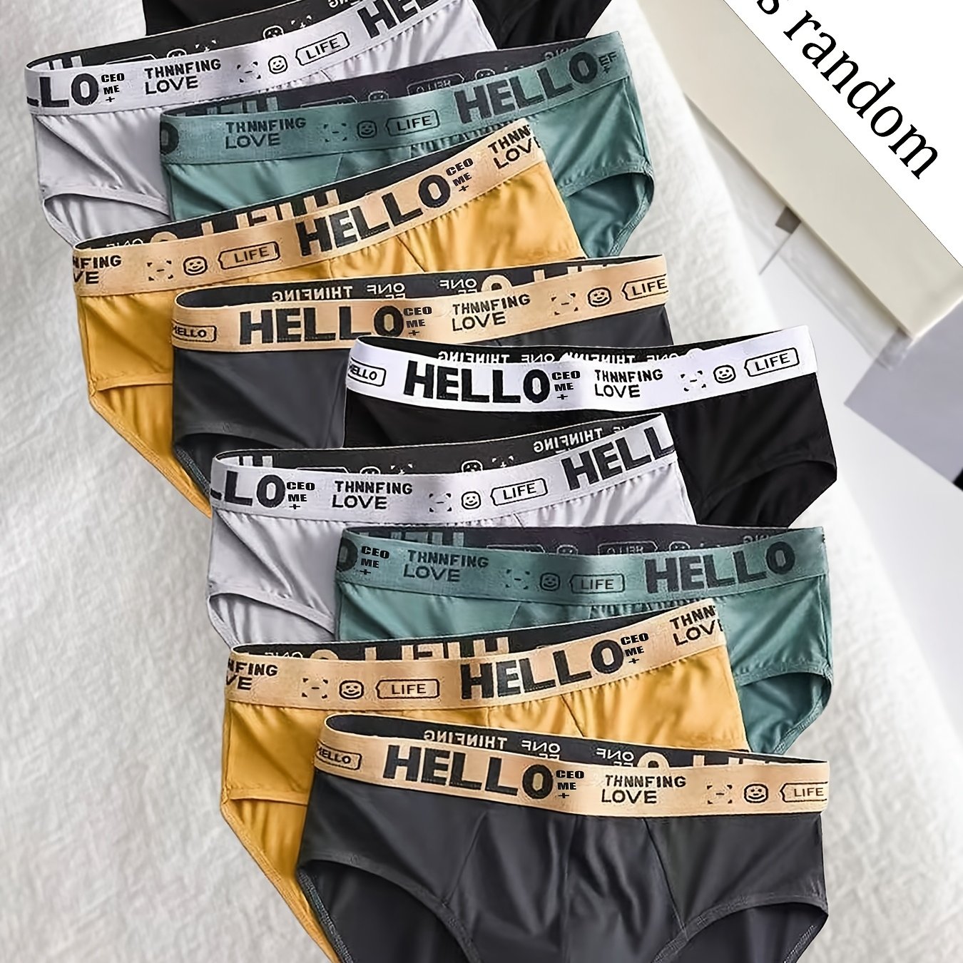 TEMU Random 8pcs Men's Random Fashion Hello Print Stylish Briefs, Bikini Style, Sexy Underwear Set, Breathable & Comfortable, Triangle Cut, Daily