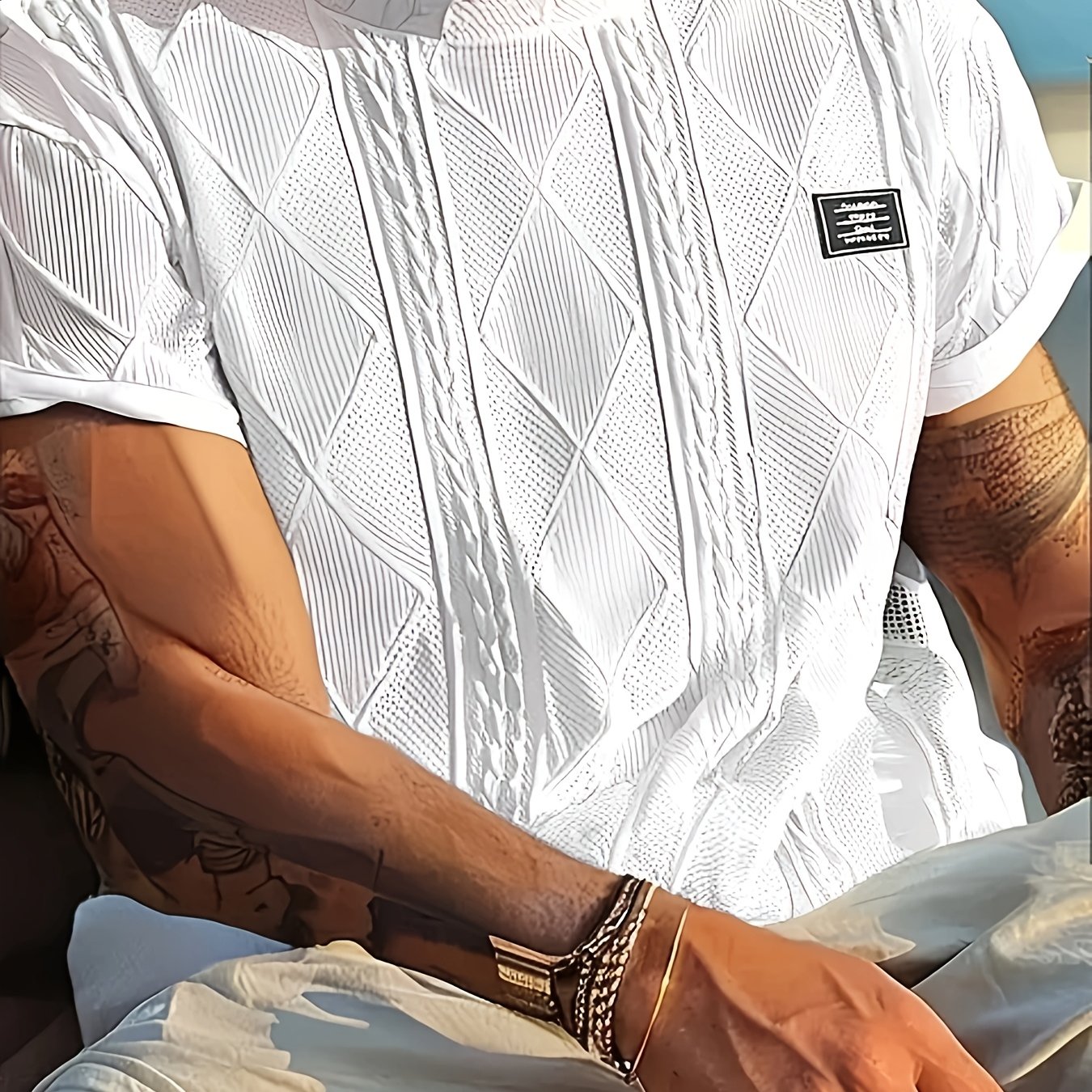 Image of Plus Size Men's Aguilar Pattern Print Short Sleeve Shirt, Casual Round Neck Top, Suitable For Outdoor Wear, Stretch Fabric, Gift For Family