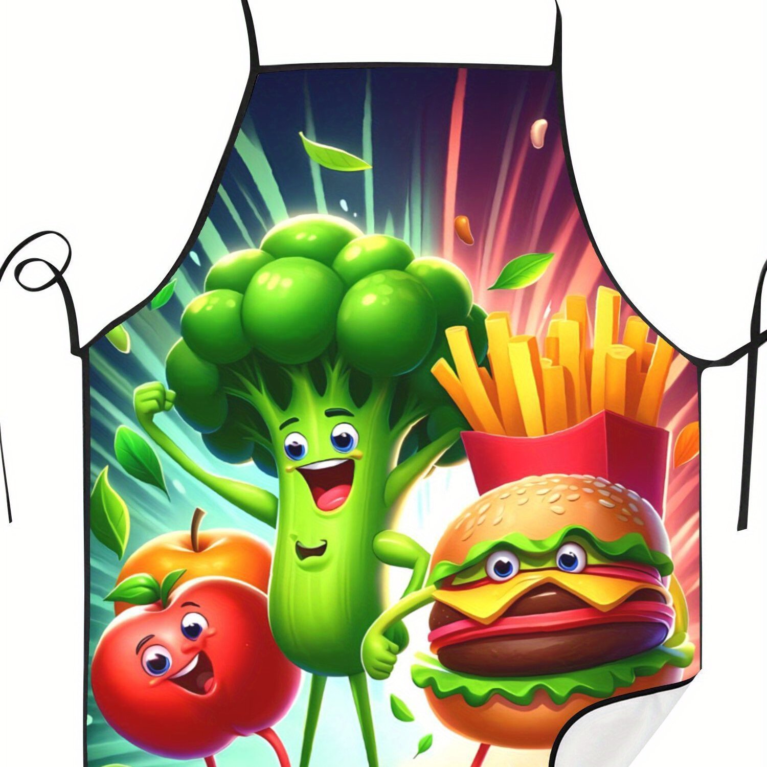 TEMU Retro Cartoon Kitchen Apron - Fun Broccoli & Fries Design, Durable Easy-clean Fabric For Cooking, Baking, Family Meal Prep, Cooking Wear