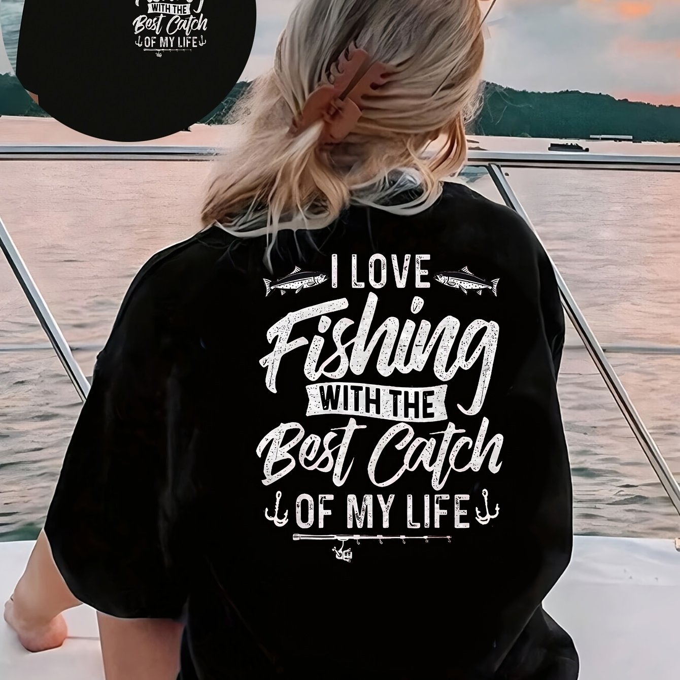 TEMU Women's Letter Print Tshirt Fishing, I Love Fishing Black Shortsleeved Round Neck Casual Top, Medium Elastic Breathable Fabric, Machine Washable