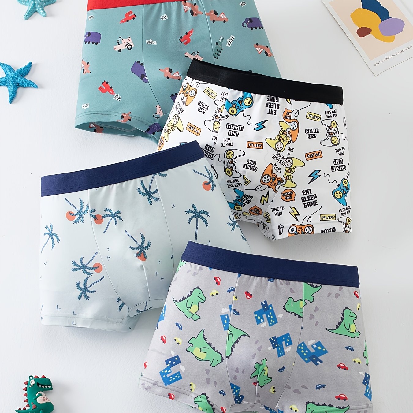 TEMU 4pcs Boys' Boxer Briefs For Medium To Large Kids, Toddlers, And, Featuring Coconut Tree And Cartoon Car Patterns With Contrast Waistbands,