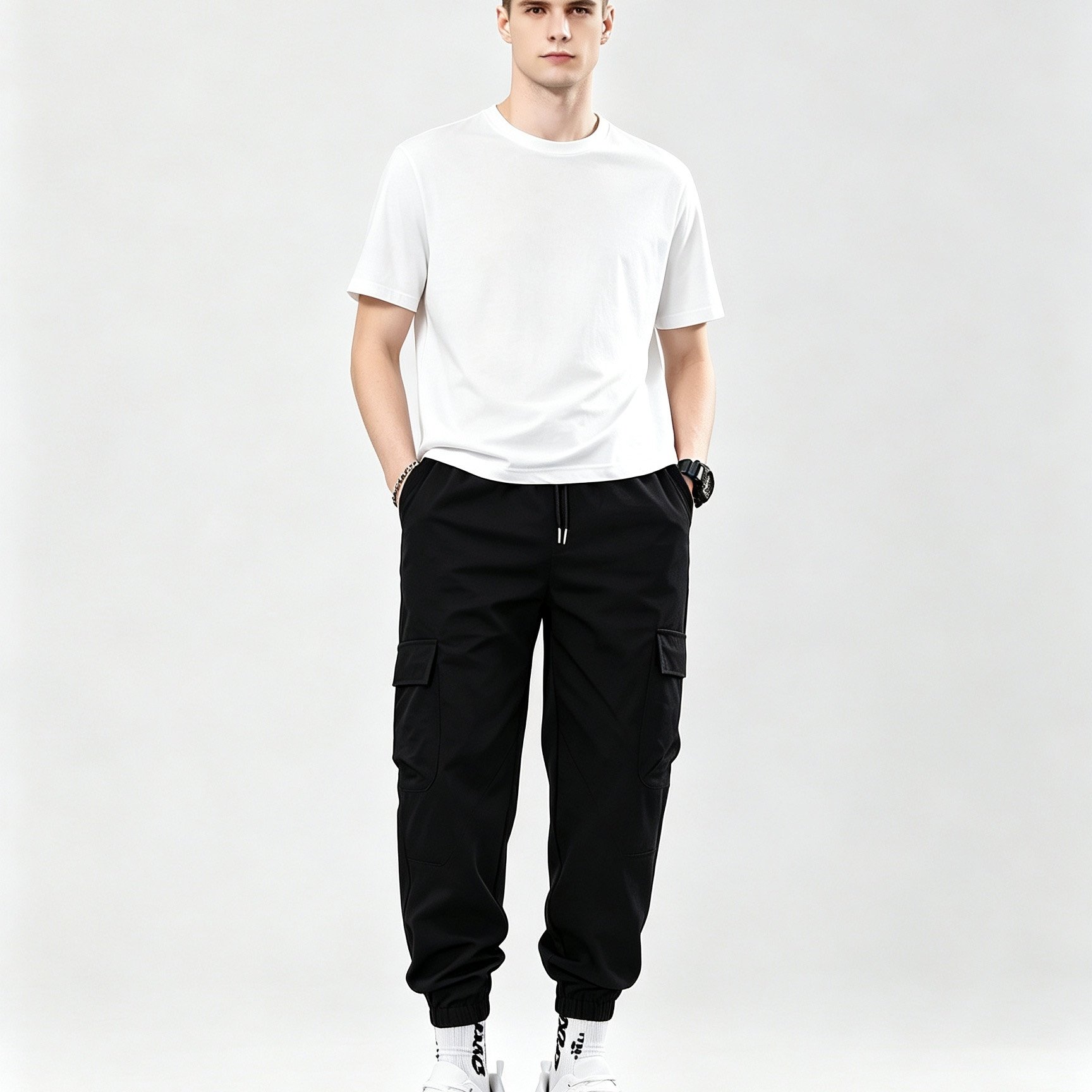 TEMU Pantalones casuales cargo para hombre con corte al tobillo, cintura ajustada con cordón superior de cuerda metálica duradera, ajuste ajustable,