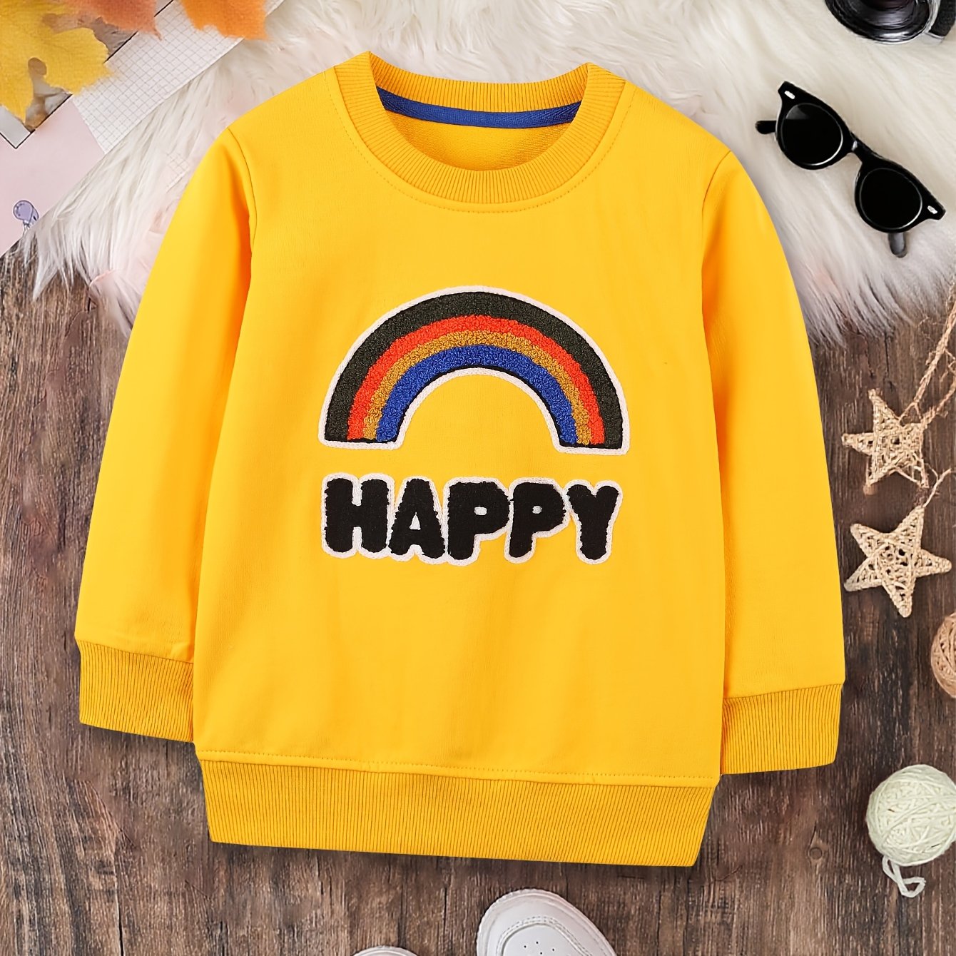 Back-to- Boys' Cotton Sweatshirt With Cute Embroidered Rainbow Pattern, Pullover Long Sleeve Top For Kids -7 Years
