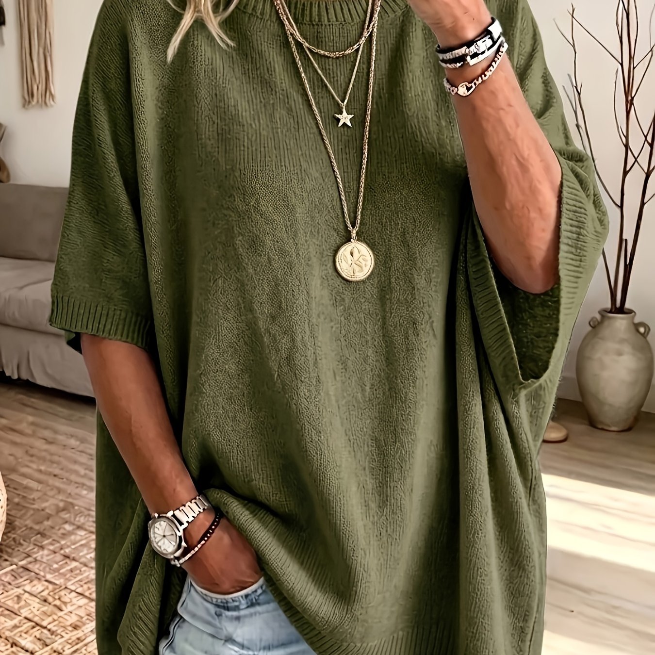 TEMU Plus Size - Plus Size - Women's Spring Autumn Elegant Casual Cute Sexy Middle Eastern Style Spring Autumn Solid Color Round Neck Bohemian Casual