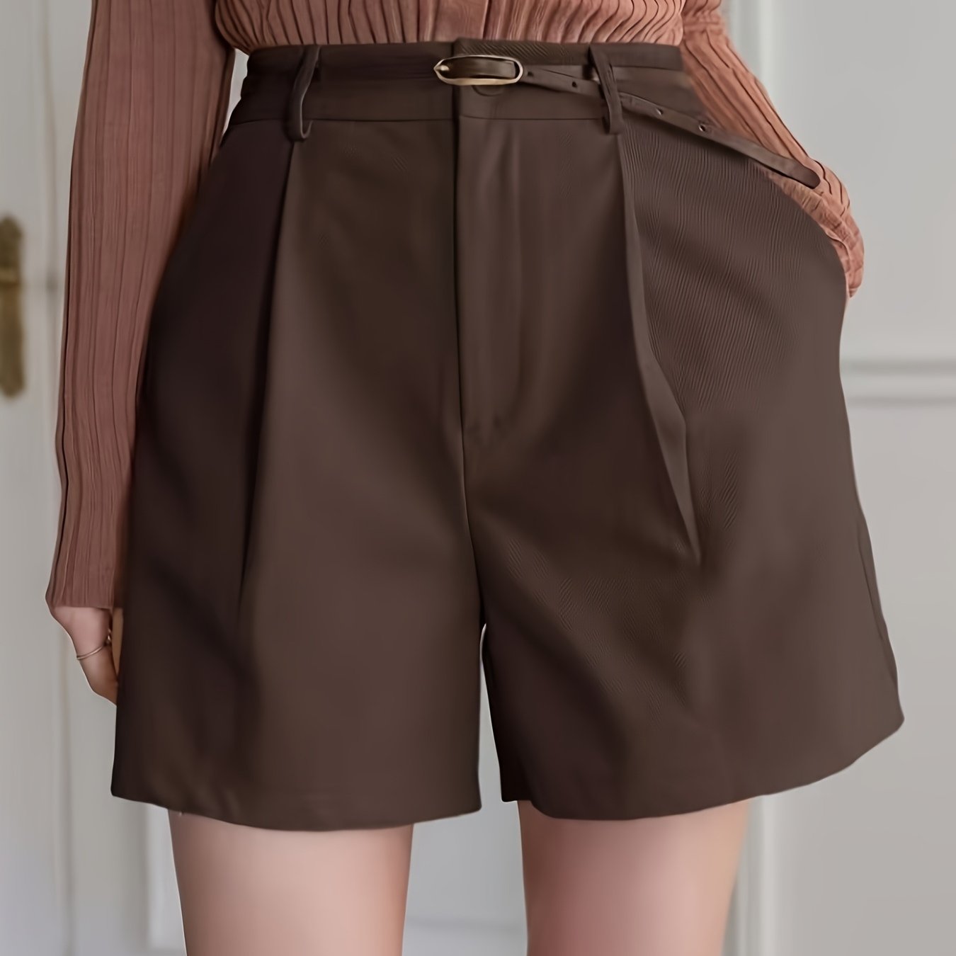 E-shop Elegante Vintage-Damenshorts mit hohem Bund und Falten [Gürtel nicht enthalten]