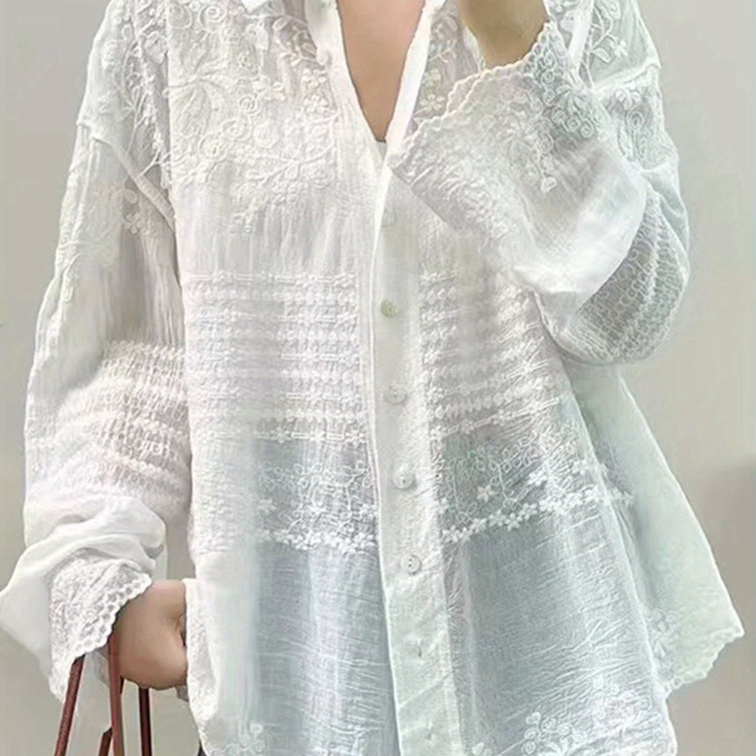 TEMU Women' Color Loose Half Through Hook Flower Cardigan Lapel Shirt Long Sleeve Front Button Lace Sunscreen Casual Shirt