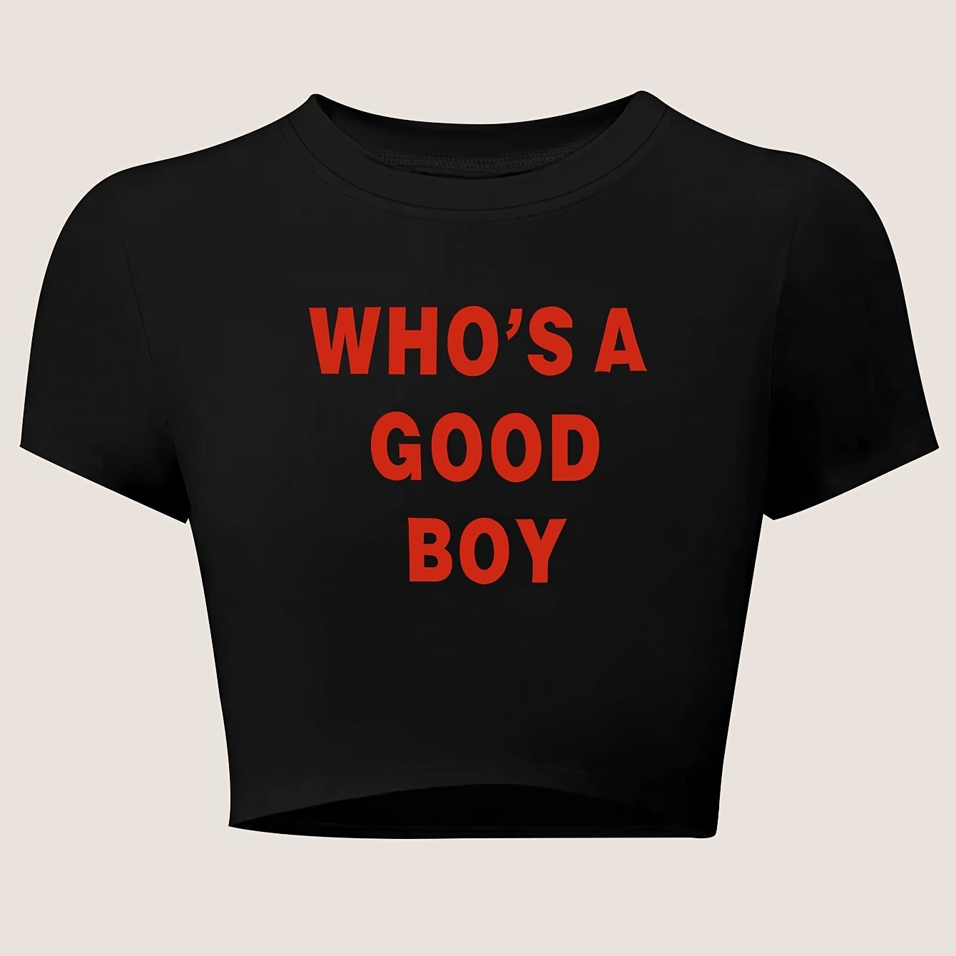 TEMU Women's Crop Top Short Sleeve T-shirt Who's A Good Slogan Letter Print Y2k Style Round Neck Slim Fit, Or Layered, Spring Summer Fashion