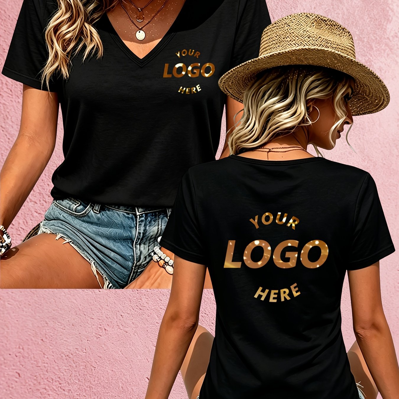 TEMU Custom Printed V-neck Short-sleeve Women's T-shirt, Suitable For Daily Casual Wear. A Versatile And Fashionable Style With Custom Printing