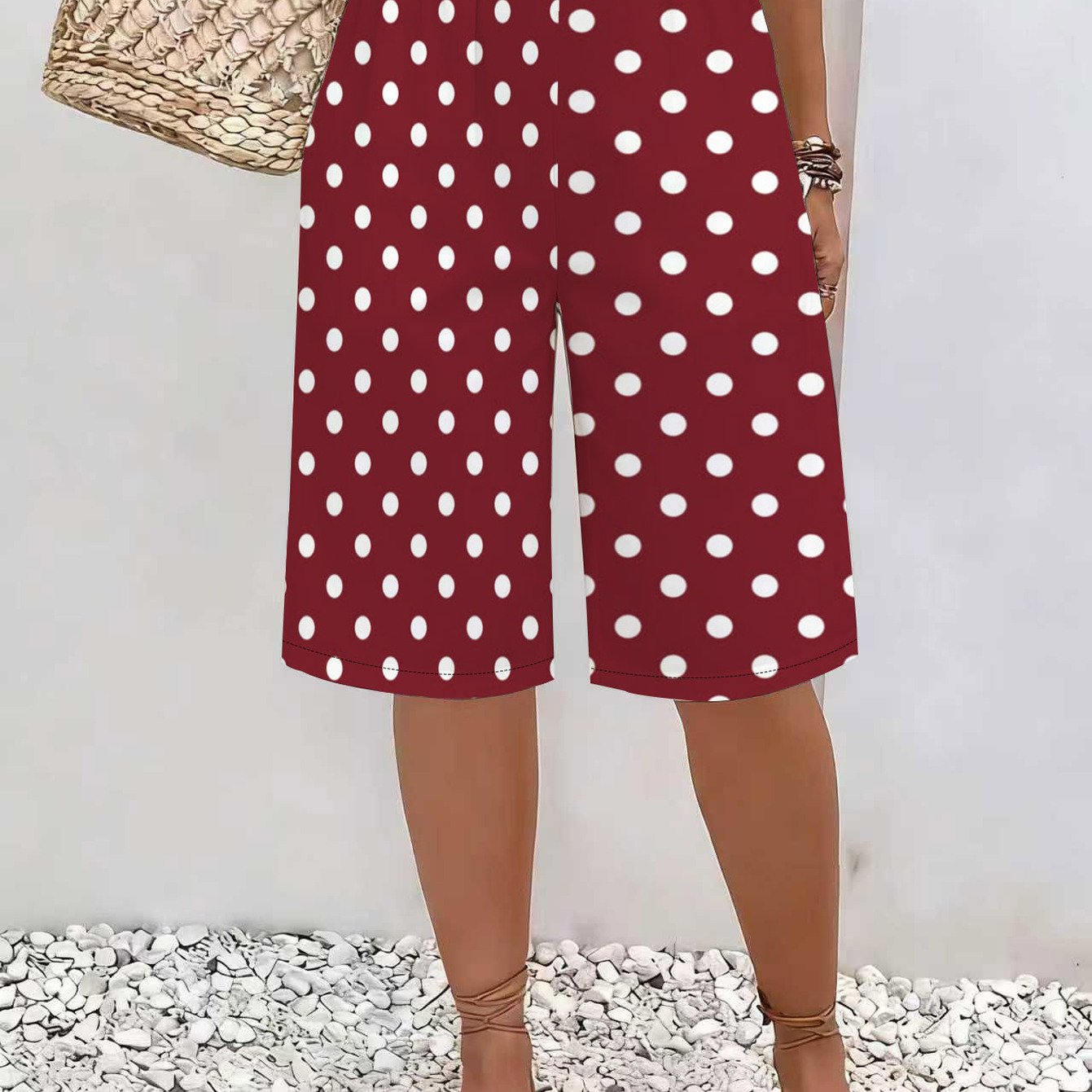 TEMU Polka Dot Printed Ankle Wide-leg Bermuda Shorts, Burgundy Base With White Uniformly Polka Dots, No Texture No Sequins Elastic Waist Loose