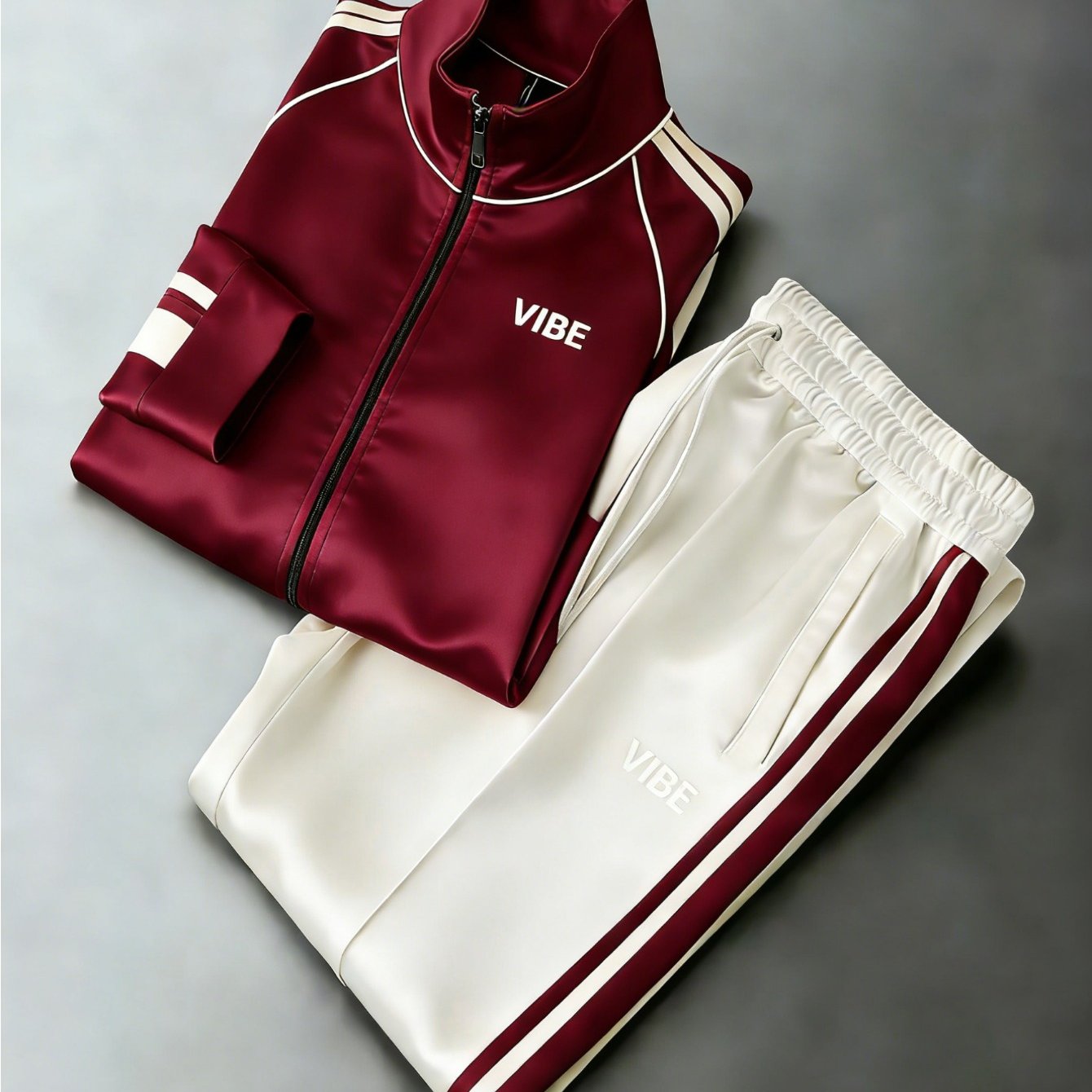 Unisex Maroon And White Tracksuit, Zip-up Jacket With Side Stripe Pants, Casual Sportswear, Suitable For , Plus Sizes