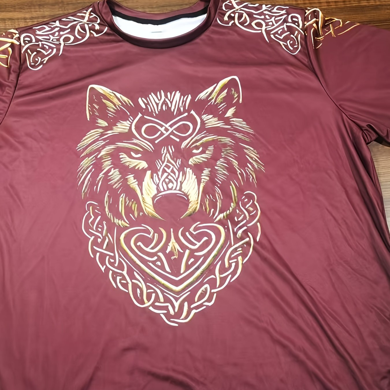 TEMU Printed Design - Not Textured Men's Casual Short-sleeve T-shirt, Featuring A Viking-style Wolf Head Pattern With A Vintage Distressed Look. Made