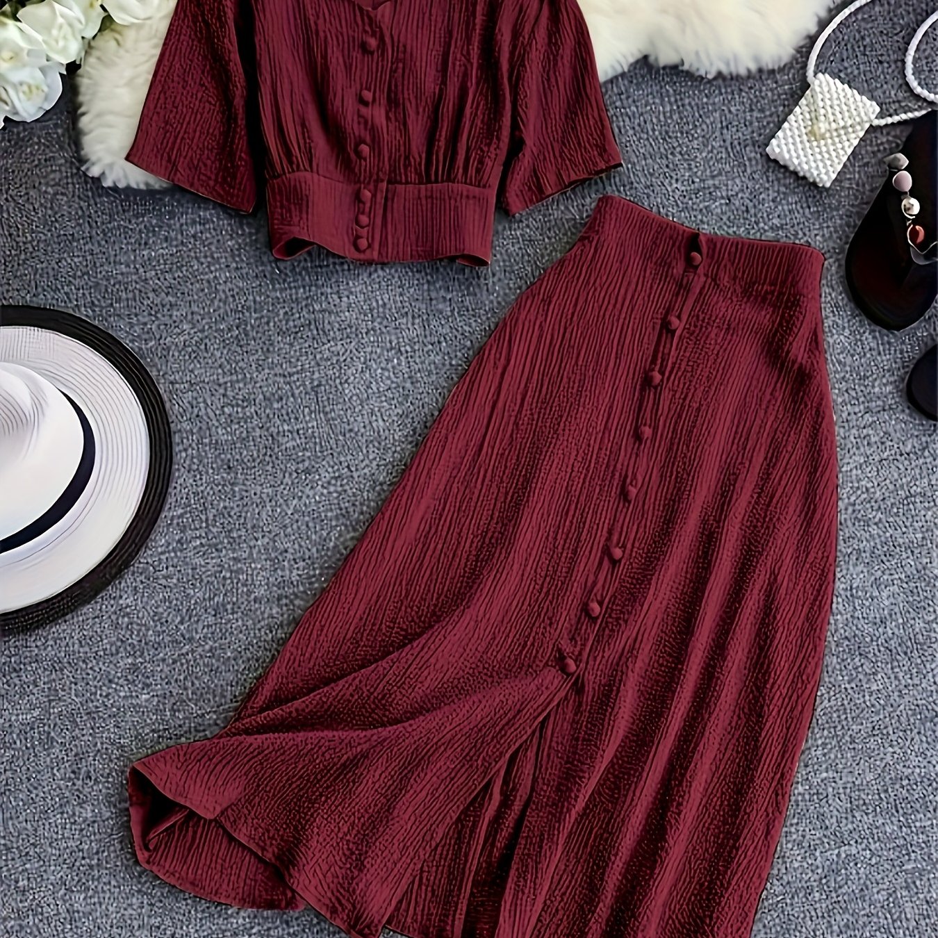 TEMU Women' V-neck Short Top And Mid-length Slit Skirt Elegant Fashion Two-piece Set [ns702]
