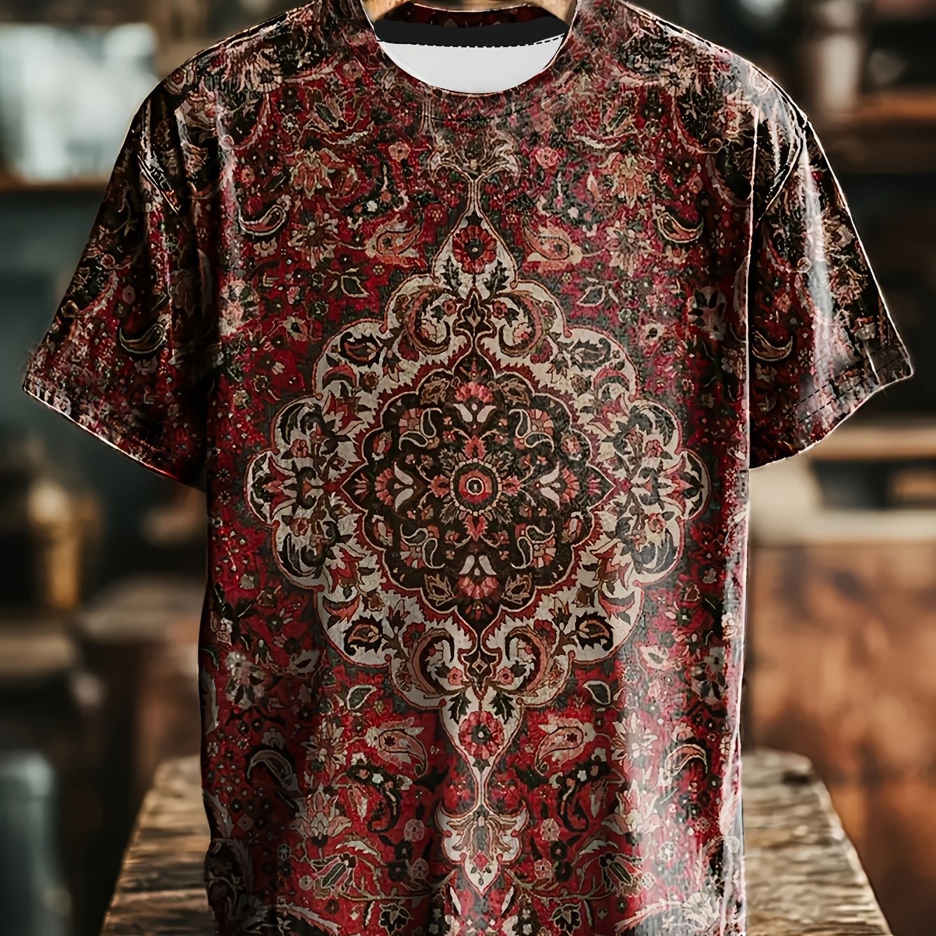 TEMU Spring And Summer Men's Distressed Texture T-shirt, Retro Totem Print Trendy, Quick-dry Skin-friendly Breathable, Suitable For Streetwear And