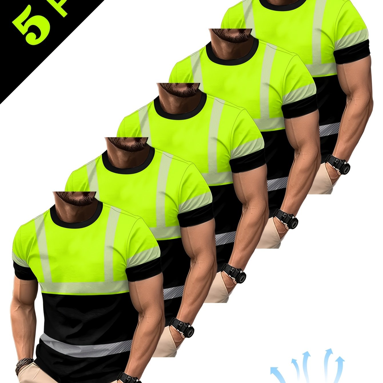 TEMU Men's Casual Sport T-shirt 5pcs - In Neon Green & Orange, Royal Blue, Lightweight And Breathable Fabric For Daily Casual Wear - Machine Washable