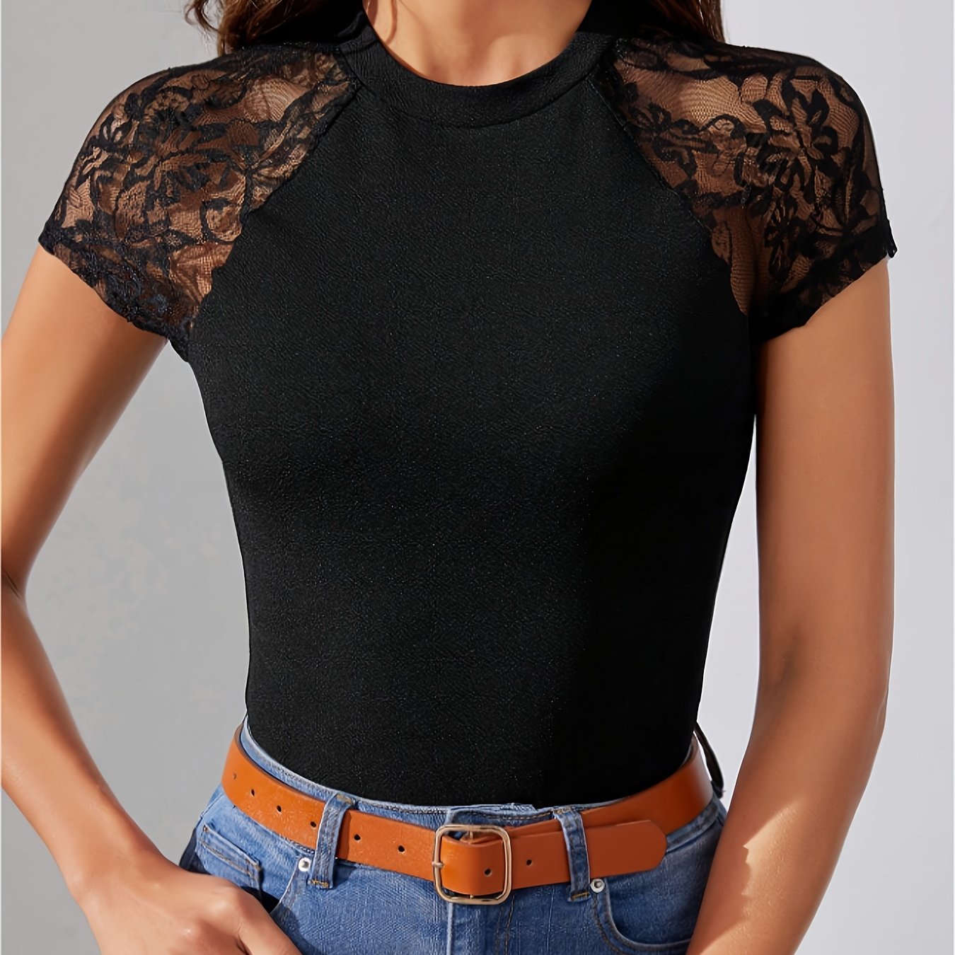 E-shop Europäisches Amerikanisches Modisches Damen-High-Waist--Spitzen-Raglanärmel-T-Shirt, Polyesterfasermaterial, Stretch-Polyester-Mischung,