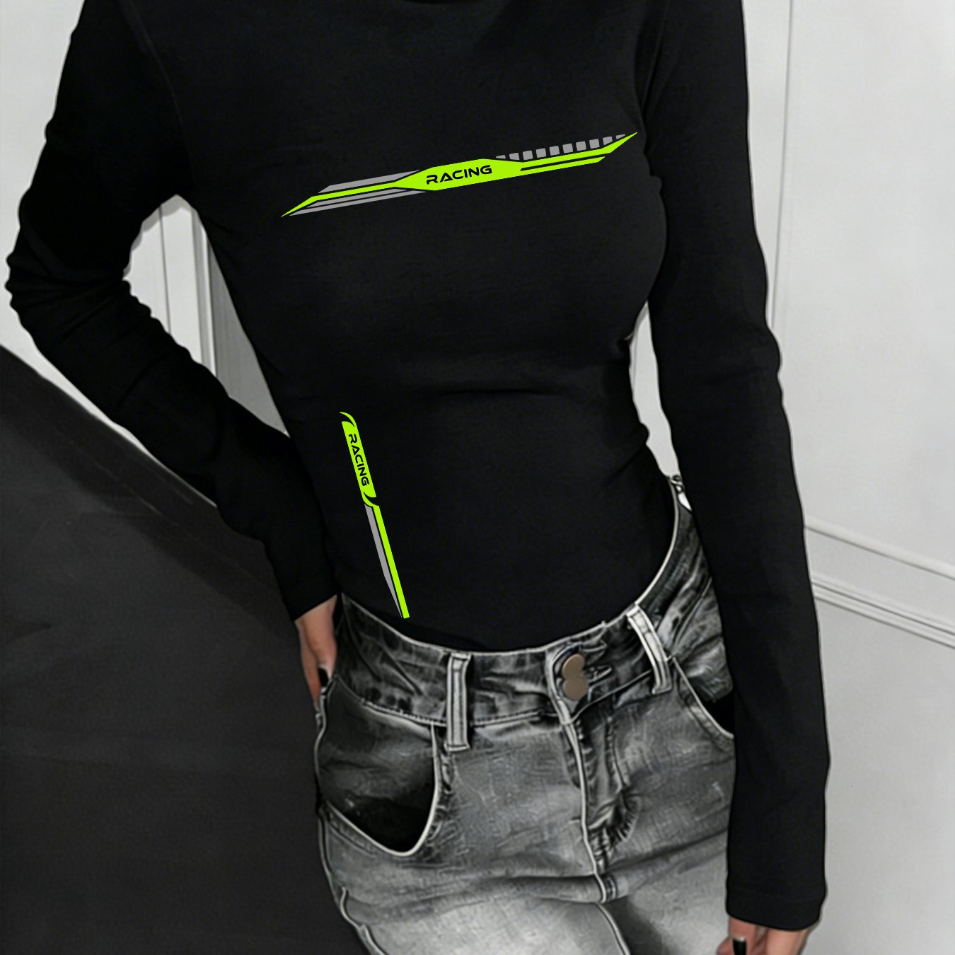 TEMU Motorcycle Style Contrast Line Tight Base Layer Top For Women