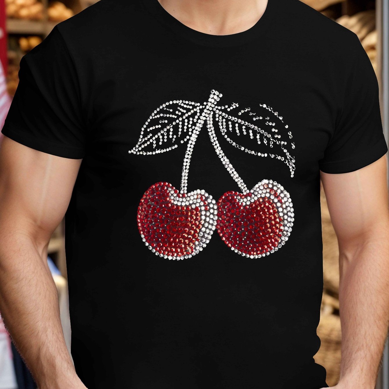 TEMU Cherries With Rhinestones Crinkle Plus Size Men's T-shirt
