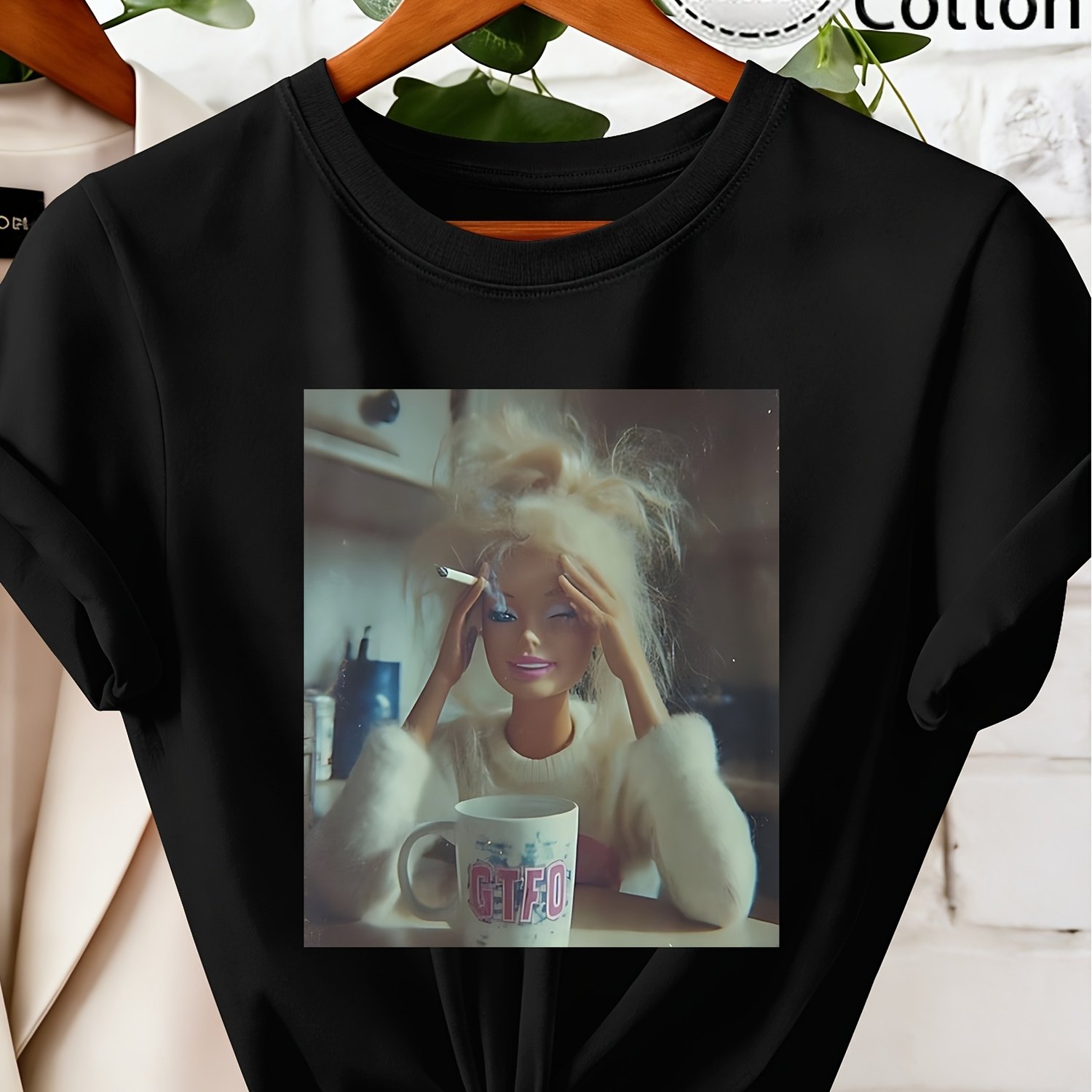 Image of Women's Morning Doll Print T-shirt - Oversized Short Sleeve Round Neck Top With -, Loose Casual Shirt Suitable For Spring Summer Casual Attire, Machine Washable Non- Tee