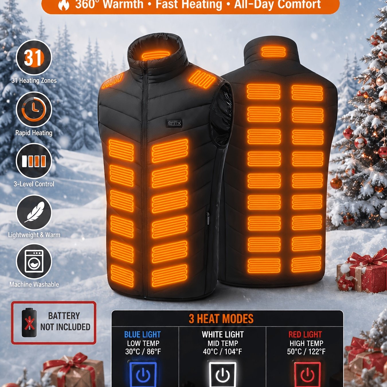 TEMU Intelligent pour Homme, 31 Zones de Chauffage avec 4 Réglages, Électrique, Chauffage à Température Constante, Anti-Froid et Coupe-Vent, Gilet