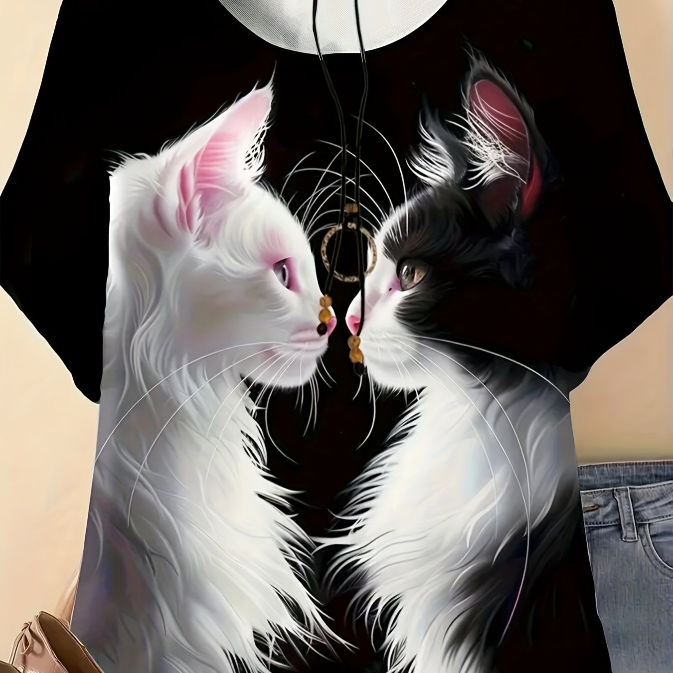 TEMU Plus Size Women's Casual Short Sleeve T-shirt - Artistic Cat Painting Design With Black And White Animal Pattern, Round Neck Summer Top, Machine