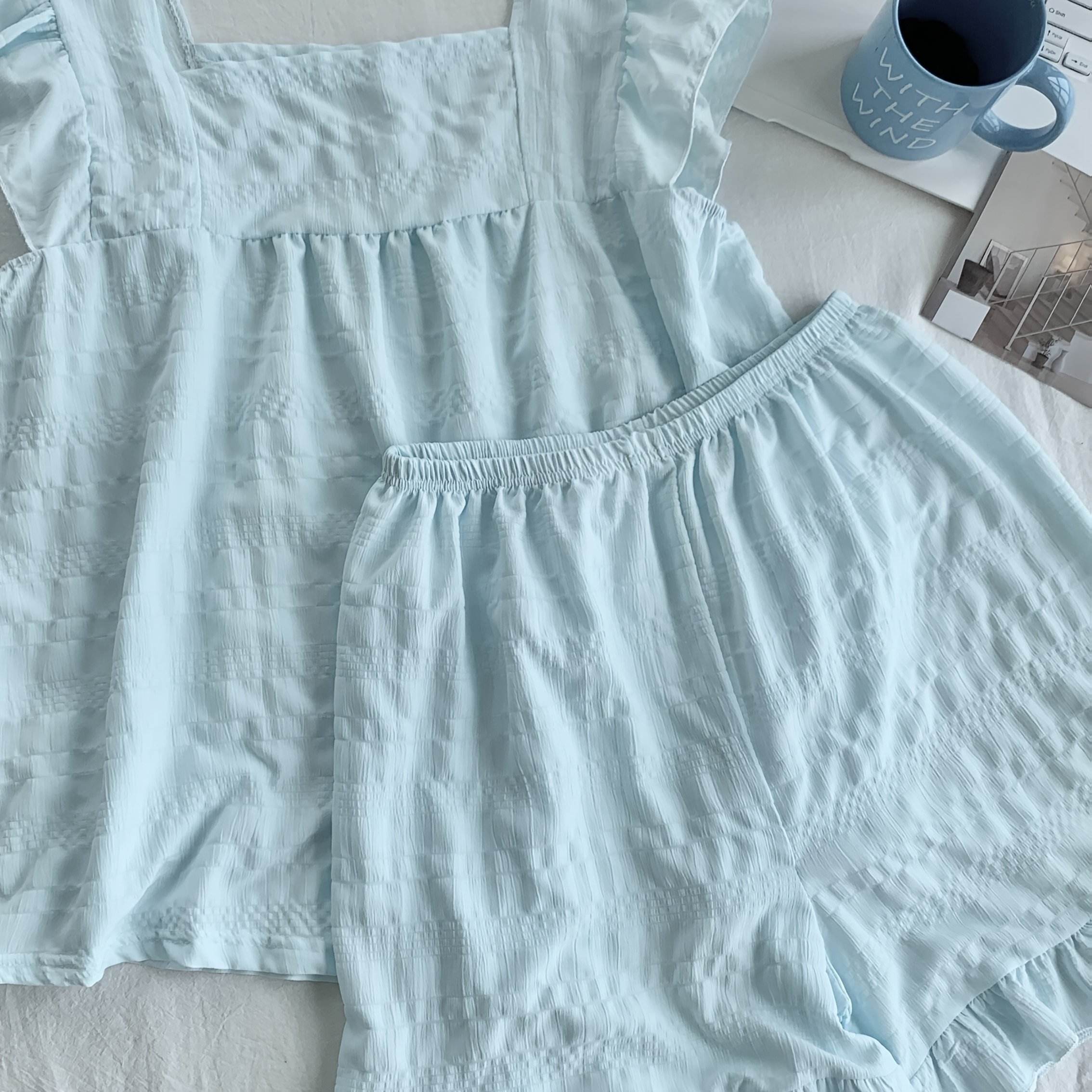 TEMU Fly-sleeve Solid Color Casual 2pcs Set (top And Pants), Suitable For Outerwear