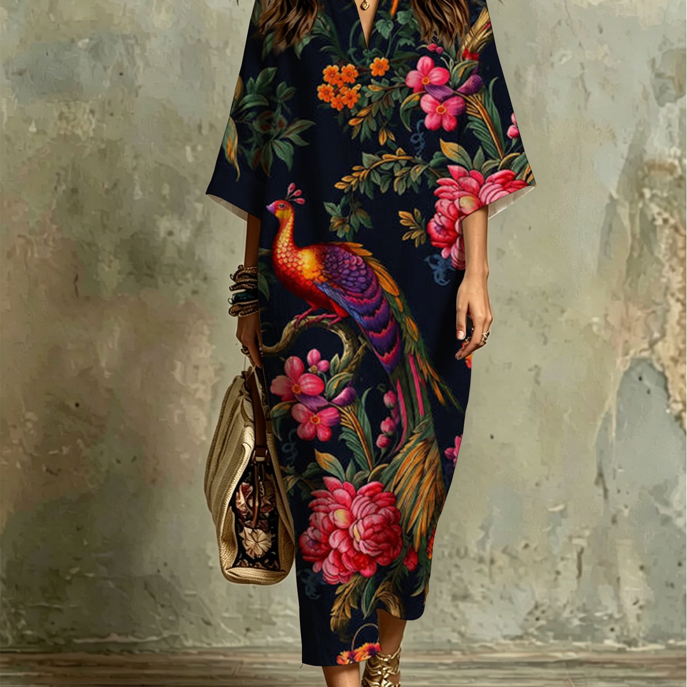 Image of Plus Size, Fashion Women's Kaftan Dress With Vintage Peacock And Peony Floral Print, Boho Chic, Lightweight, Loose Fit, Perfect For Beach Vacations, Summer Parties And Casual