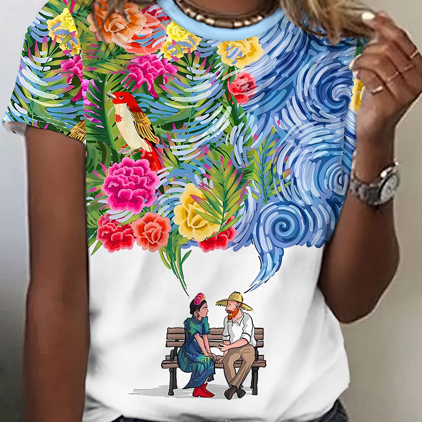 TEMU Floral ＆ Figure Print Crew Neck T-shirt, Casual Short Sleeve T-shirt For Spring & Summer, Women's Clothing