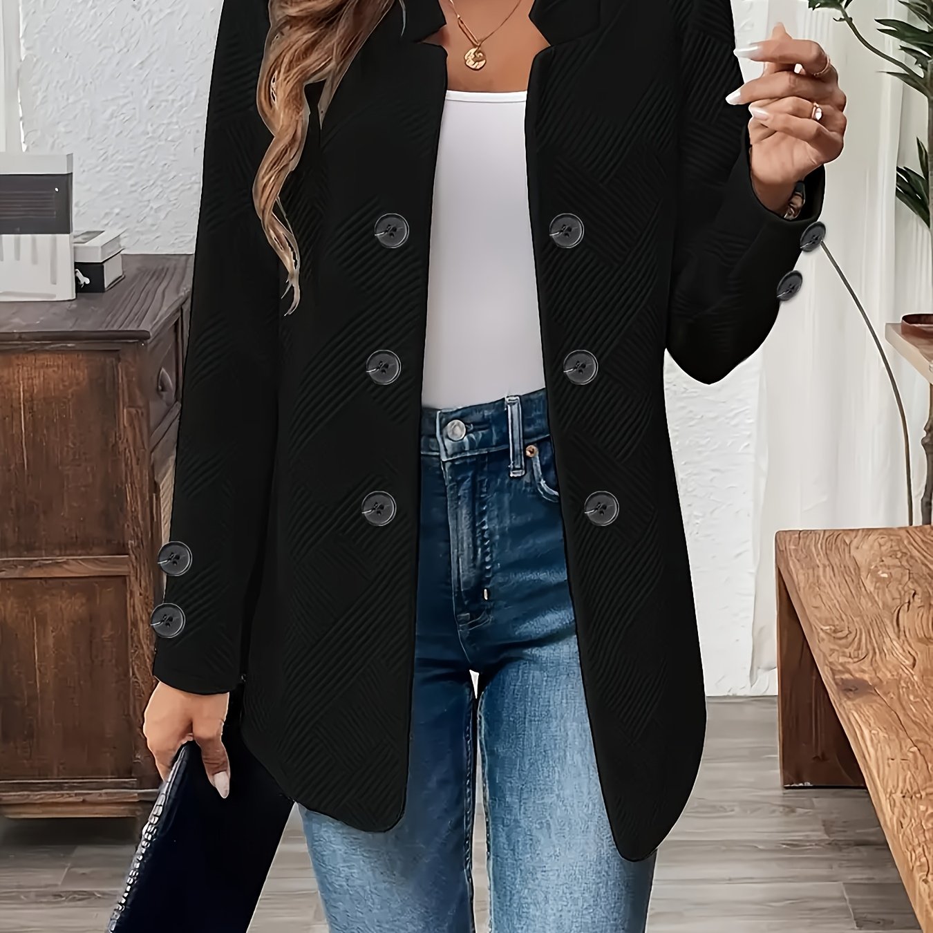 E-shop Moderne Uni-Farben Dekorative Strickjacke mit Doppelknopf, Langarm – Damen Mantel in Mittellänge