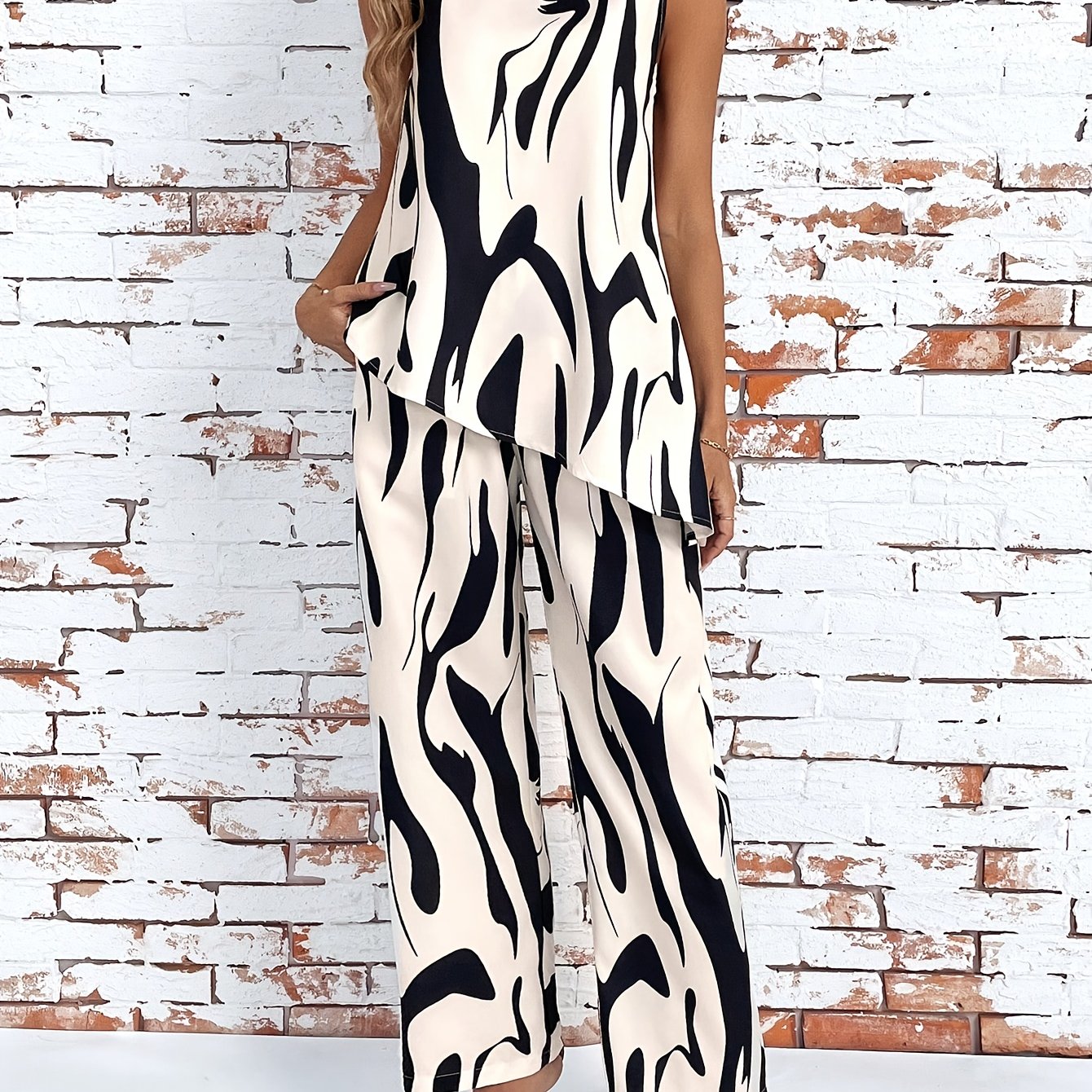Random Print Random Trim No-pocket Round Neck Irregular Sleeveless Top And Long Pants, Elegant Casual Set
