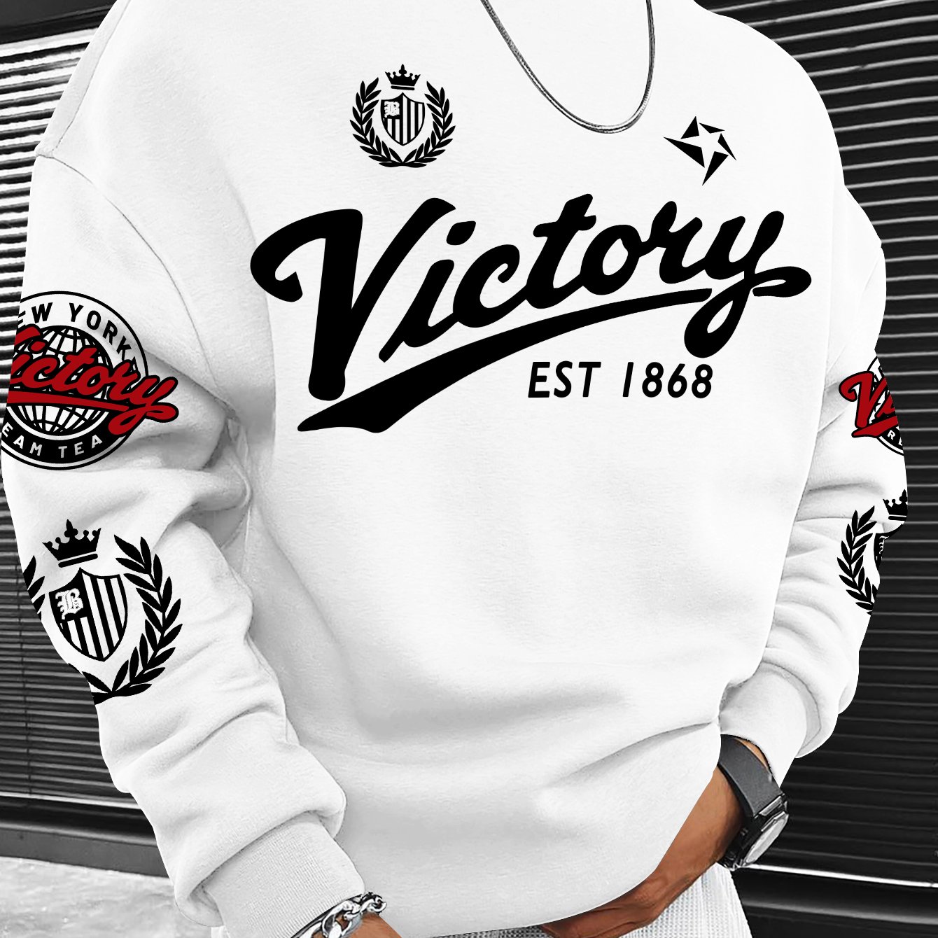 TEMU Trendy Men's Badge Style Round Neck Sweatshirt, Handwritten "victory" Main Slogan, "est 1868" Year Mark, Crown And Wreath Design Winter Clothes