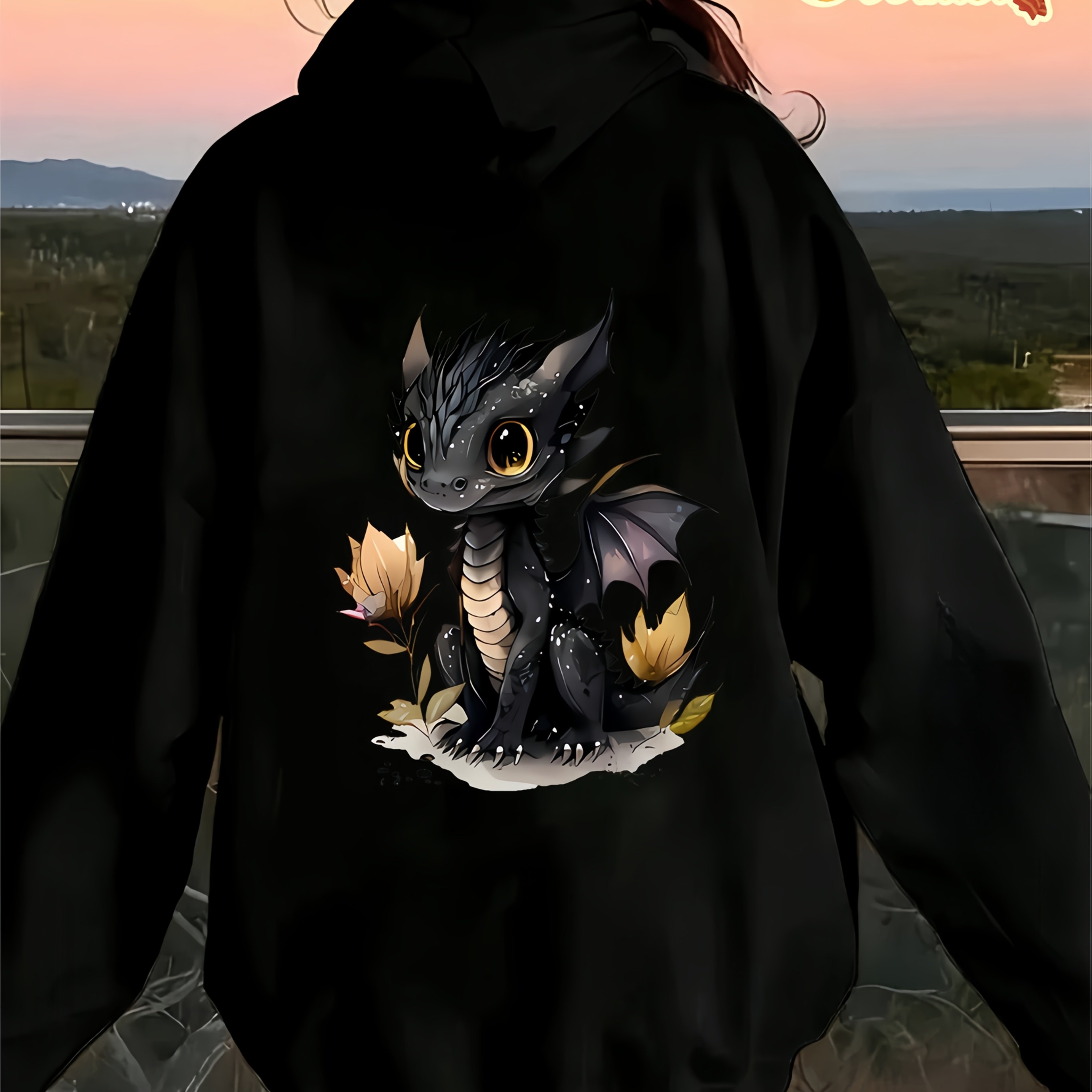 Image of Women's Cozy Fleece-lined Zip-up Hooded Sweatshirt With Cute Dragon Print - Warm Winter Pullover, Long Sleeve Zippered Hoodie Suitable For Fall & Winter, Machine Washable Dragon Outfit (casual Wear)