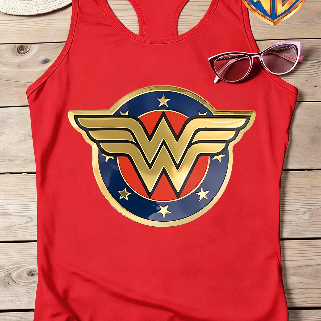 TEMU Warner . Official Licensed, Summer Women's Crew Neck Sleeveless Tank Top, Wonder Woman Metallic Texture Emblem Print, Minimalist And Trendy, Y2k