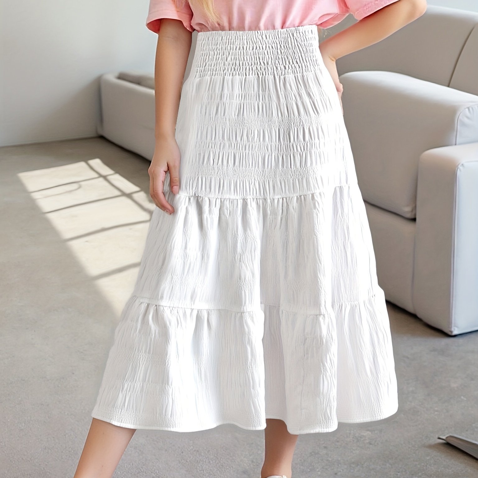 Image of Back-to-school Girls' Clothing - Girls' Size 130-170, Spring/autumn Sweet Preppy Style Cinched Waist A-line Skirt, Full Skirt, Long Skirt