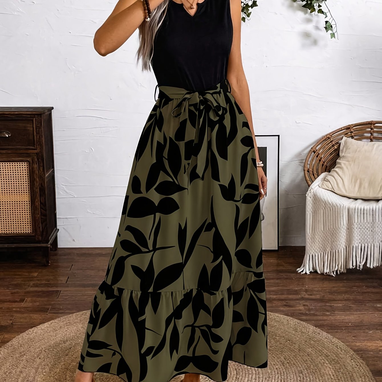 Spring/summer Floral Asymmetrical Hem Leaf Print Tank Dress