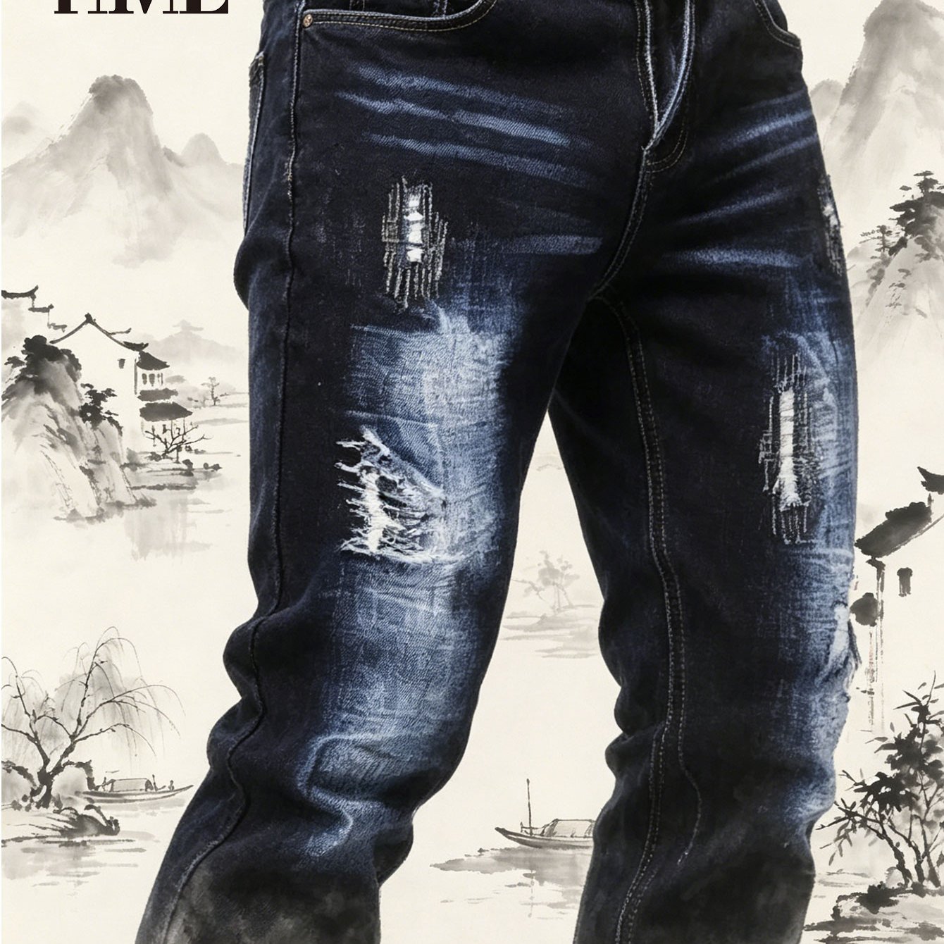 TEMU Hme Men's High-waisted Relaxed Fit Jeans - Vintage Wash Light Ripped Straight Leg Pants With Closure, Stretch Suitable For Casual Wear, Machine