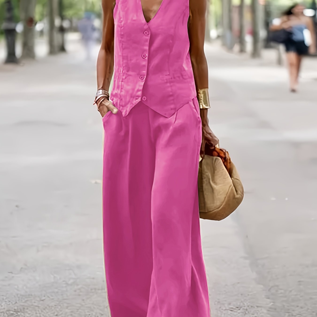 TEMU Summer New Casual Commuter Street Comfortable -neck Sleeveless Vest Top And Long Pants 2pcs Set Women's