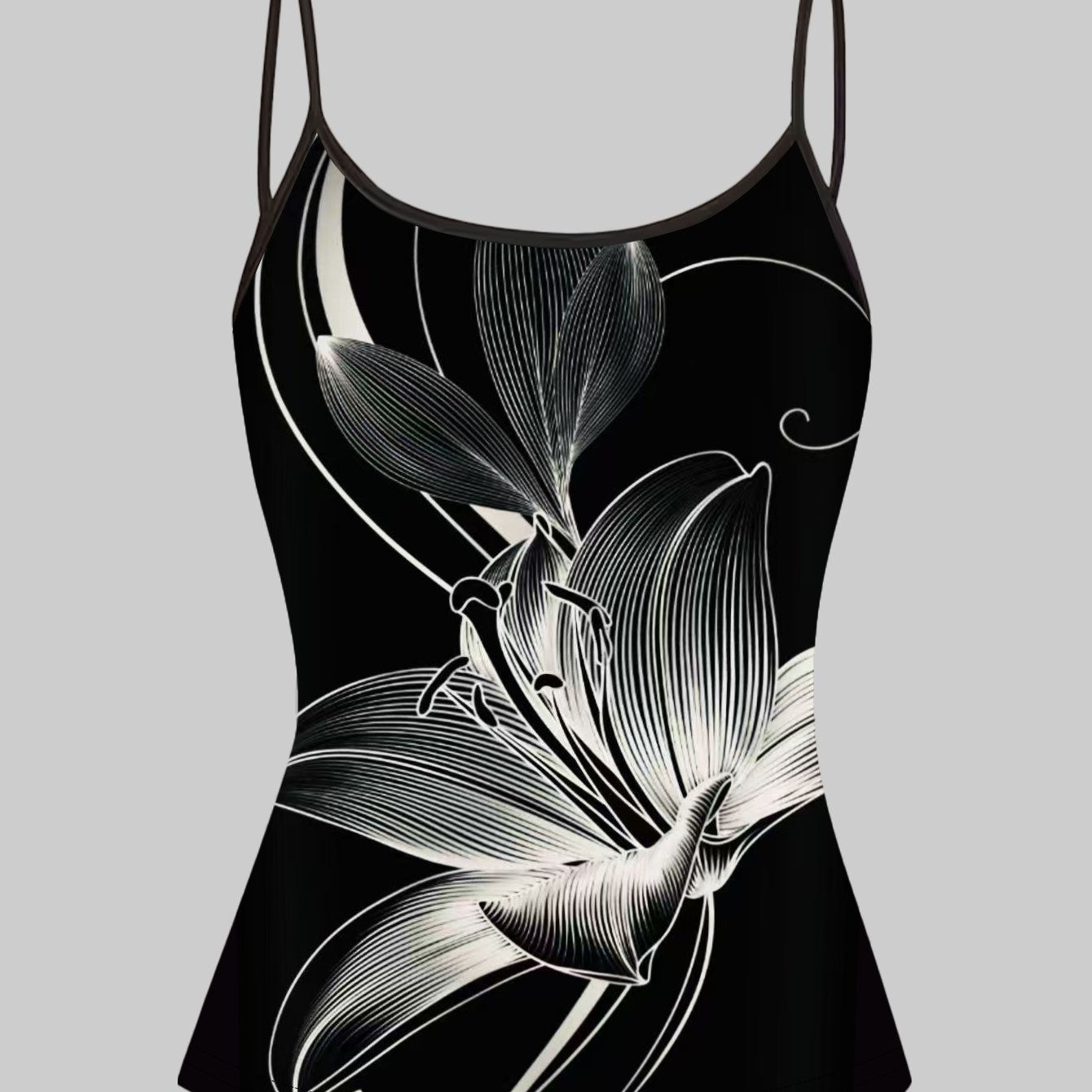 TEMU Black And White Line Art Lily Print Camisole With Thin Straps, A Vintage Artistic Style Top