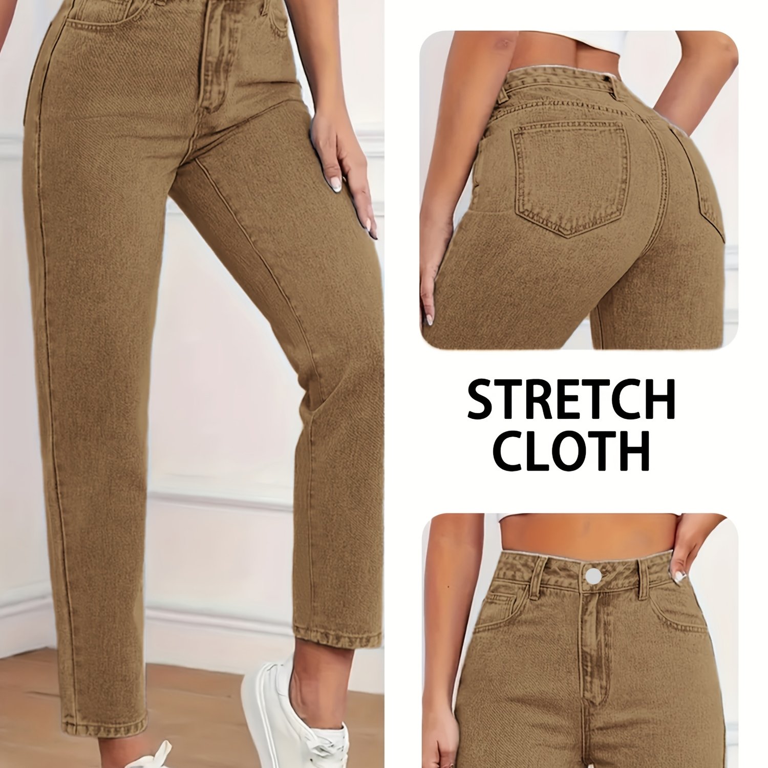 Image of Khaki High-elastic High-waisted Cropped Skinny Casual Women's Jeans, -fitting Versatile Pants