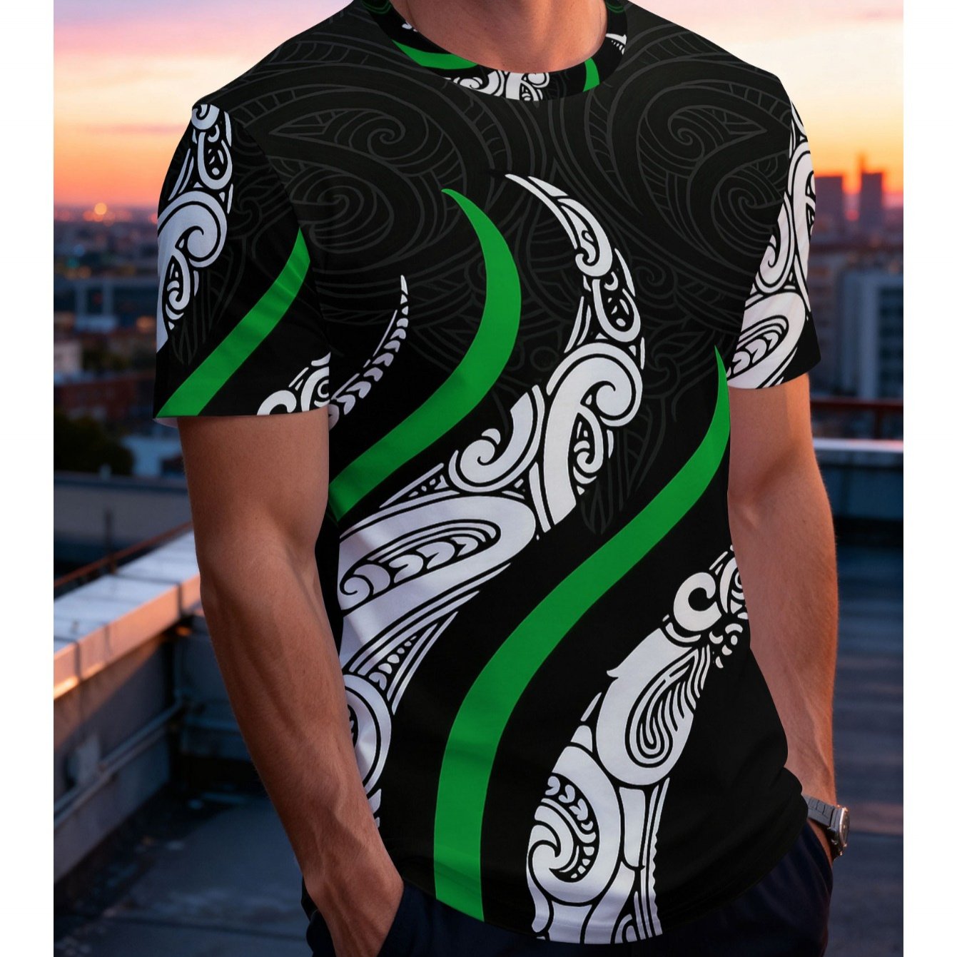 TEMU Men's T-shirt With A And Green And White Swirl Pattern, Made From Lightweight And Breathable Fabric, Suitable For Casual And Formal Wear,