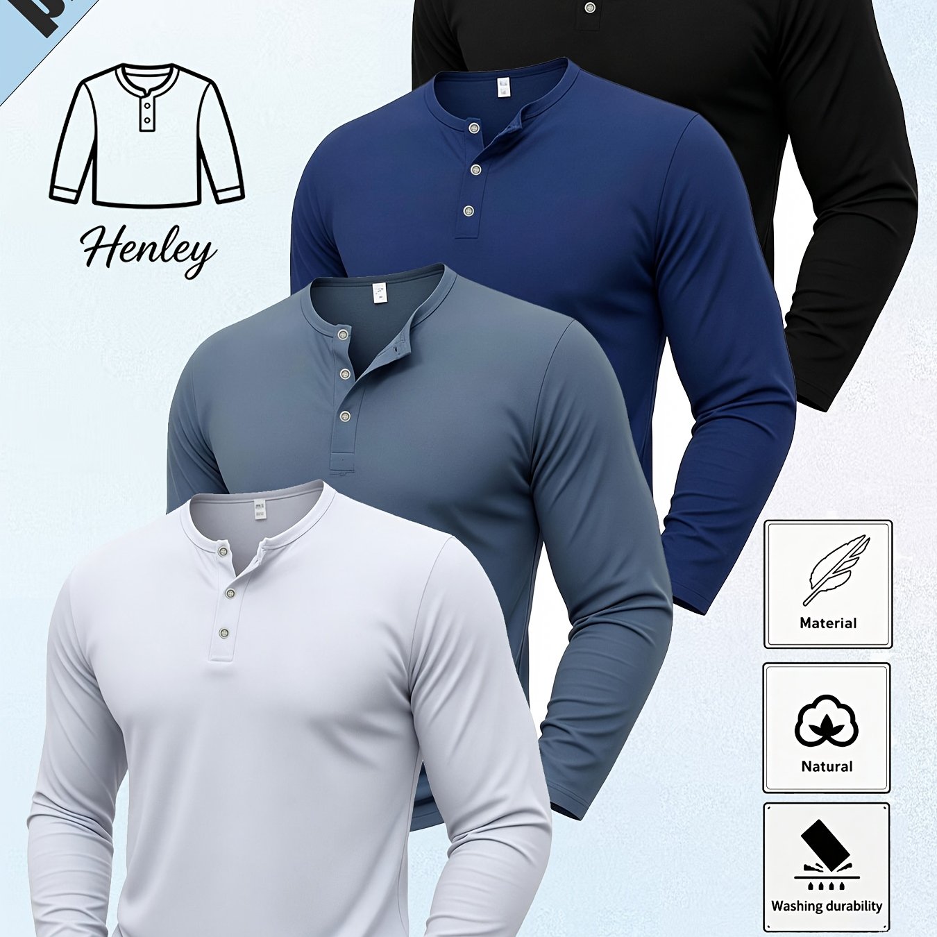 TEMU 4pcs Set Of Men' Color Henley Long-sleeve T-shirts, Classic Three-button Collar Design, Slim Fit, Basic Tops, Soft Natural Breathable Fabric,
